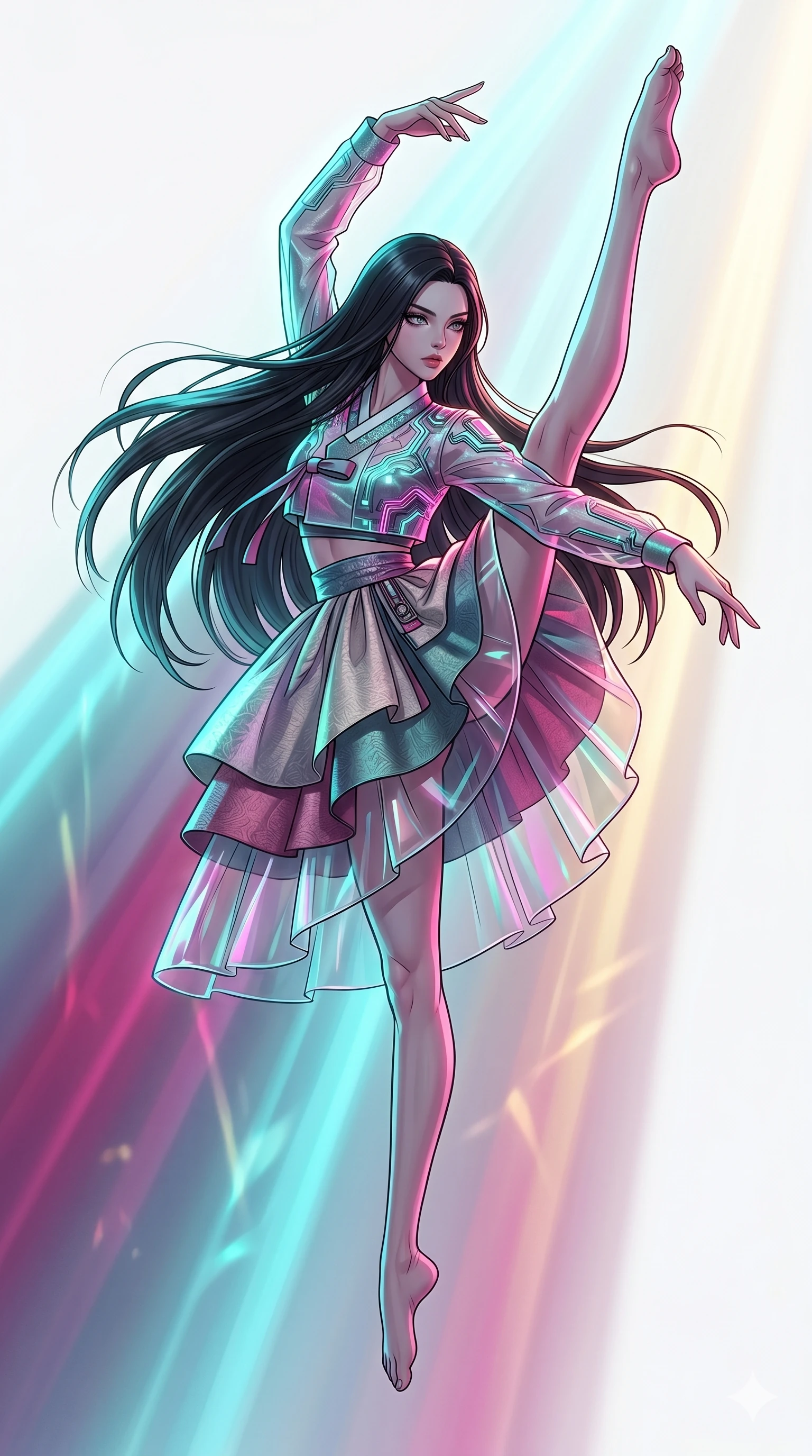 score_9, masterpiece, best quality, ultra-detailed, high-budget anime movie keyframe, cinematic anime lighting, intricate line art, Caucasian (strictly human ears) woman. Mid-air action shot capturing a graceful twist and vertical silhouette. performing a contemporary dance in a minimalist white void. She has an absolutely perfect 8-heads proportion, an exceptionally tall and slender female figure with an ultra-slim waist and impossibly long slender legs. strictly human anatomy, two legs only, no extra limbs, clearly defined legs and arms, perfect anatomy, perfect hands and fingers. sharp v-shaped jawline, high-bridge nose, intricate jewel-like eyes, thick eyelashes, glossy lips. Wearing Modern Traditional: Shortened cyber-hanbok with fusion silk robes and transparent panels. The scene is illuminated by dramatic atmospheric lighting and vibrant color palettes. , 2k, ultra detail, master piece, 9:16 ratio