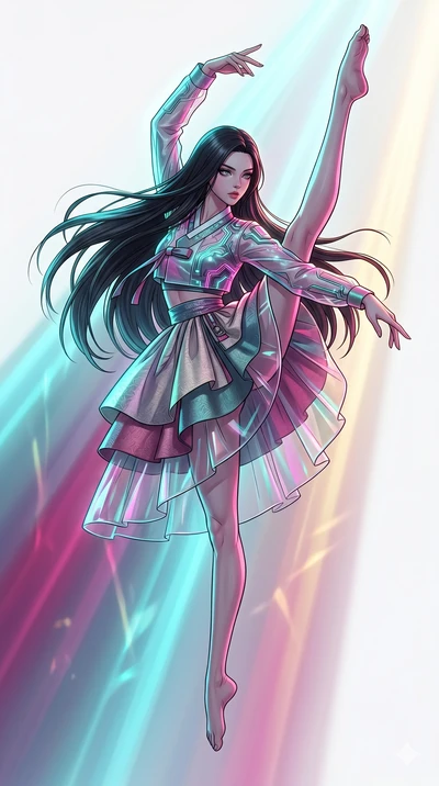 score_9, masterpiece, best quality, ultra-detailed, high-budget anime movie keyframe, cinematic anime lighting, intricate line art, Caucasian (strictly human ears) woman. Mid-air action shot capturing a graceful twist and vertical silhouette. perform