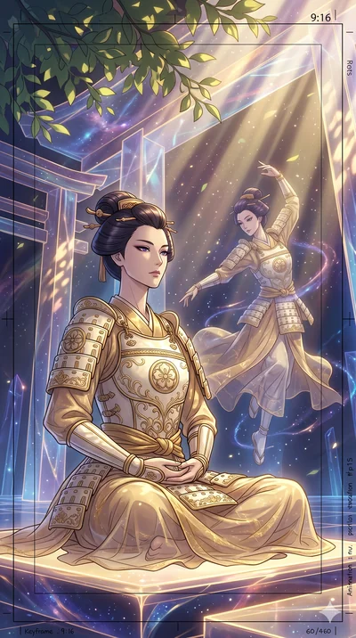 score_9, masterpiece, best quality, ultra-detailed, Set A: High-budget Anime Keyframe, Japanese woman. Low angle cowboy shot filling the entire 9:16 frame with her statuesque presence. Theme: Abstract Cosmic. meditating in a temple made of solid ligh