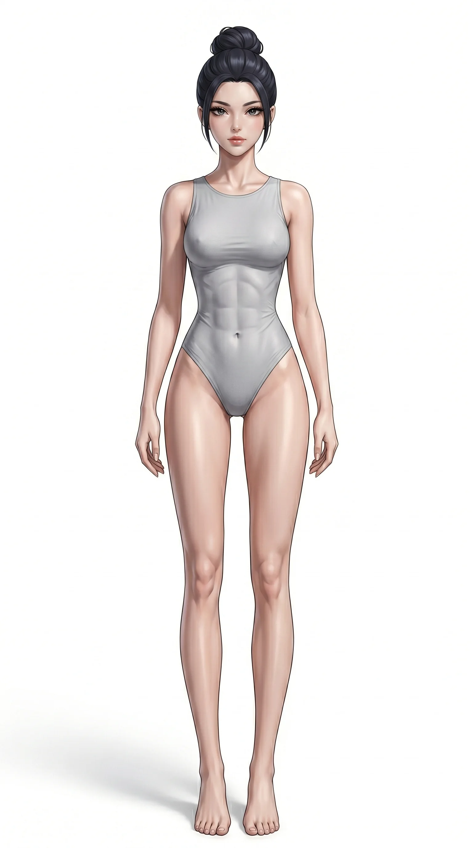 score_9, masterpiece, best quality, ultra-detailed, Semi-realistic high-budget anime keyframe, stunningly beautiful Japanese woman. Neutral front-facing A-pose, standing straight, filling the entire 9:16 frame with her statuesque presence. She has an absolutely perfect 8-heads proportion, an exceptionally tall and slender female figure with impossibly long slender legs and an ultra-slim waist. Statuesque height, towering silhouette, ultra-slender and skinny physique. Sharp v-shaped jawline, high-bridge nose, intricate jewel-like eyes with depth, thick eyelashes, glossy lips with a natural sheen. Dark hair in a clean bun. Wearing a simple, solid light gray skin-tight bodysuit as a neutral base layer. Pure white background, minimalist studio lighting. Absolutely NO mask, NO kimono, NO mirrors, NO shadows, NO energy sparks. This is the ultimate character reference sheet for a neutral base model. 2k, ultra detail, master piece, 9:16 ratio