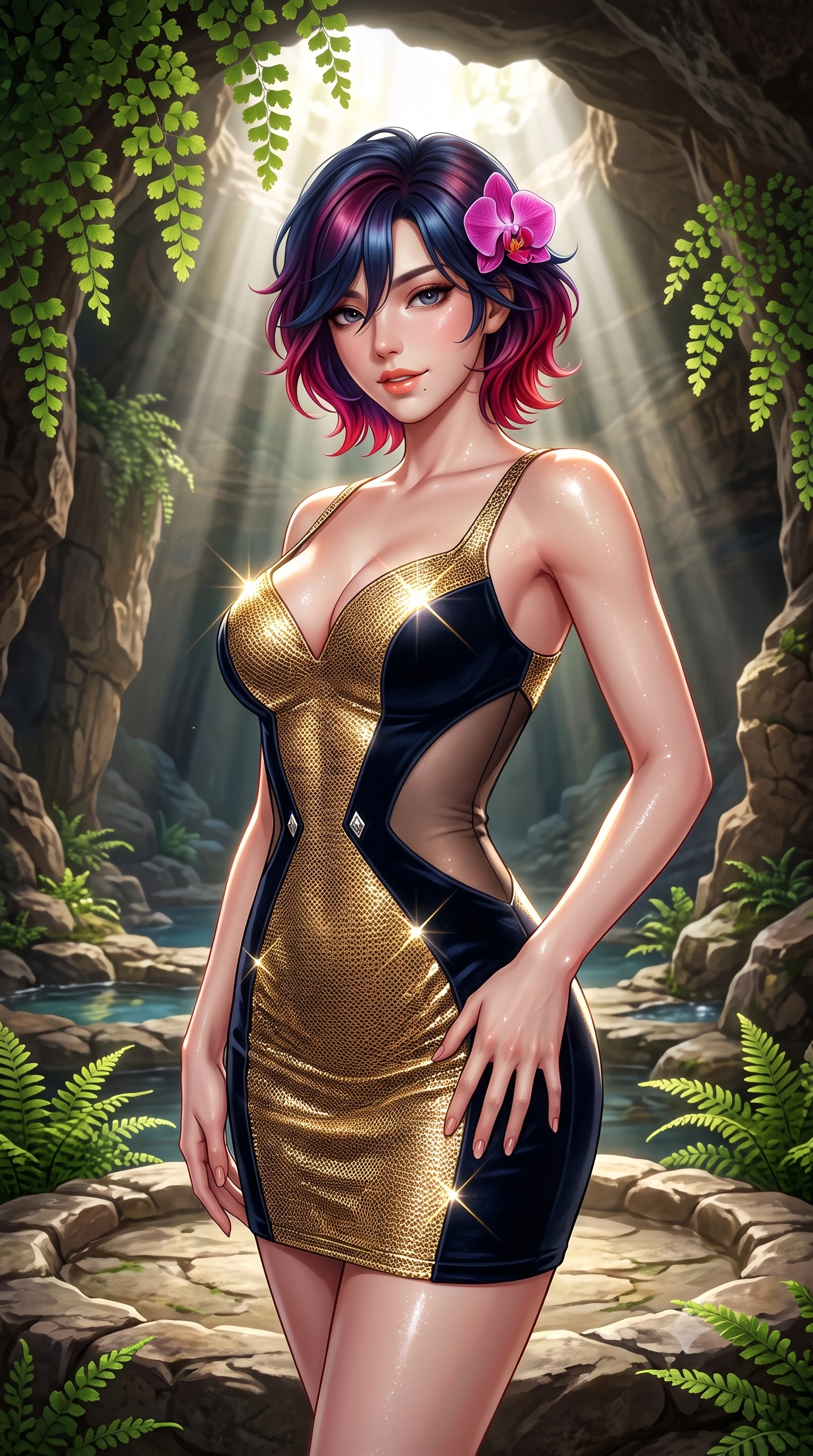 score_9, masterpiece, best quality, ultra-detailed, high-budget anime keyframe, semi-realistic 3D game render, editorial fashion photography, tasteful artistic composition, Korean woman. close-up cowboy shot from the waist and thighs up, the character dominates the composition, filling the frame with her large presence. tilting her head with a teasing half-smile, running one hand slowly down the side of her hip in a flirtatious S-curve as ambient light caresses her silhouette while standing poised on the natural stone basin floor beneath cascading maidenhair ferns, arching her back with breathtaking nymph purity and allure. The surrounding environment is rendered in vivid detail and crisp panoramic clarity: detailed sheer gossamer linen slip cling, glistening skin highlights, and natural geological grotto formations in high resolution. She has an exceptionally elegant, slender, and willowy female figure with an ultra-slim waist, flat toned midriff, narrow ribcage, and sculpted feminine hips creating an alluring, slim hourglass silhouette without bulk. sharp v-shaped jawline, high-bridge nose, sparkling eyes with hypnotic seductive depth, thick curled eyelashes, glossy parted lips with a natural dewy peach sheen, alluring bedroom-eyes with an enchanting coquettish smile, exuding magnetic siren charisma and sophisticated glamour, flawlessly proportioned anatomical accuracy, strict slender model proportions, natural body alignment, perfectly sculpted long slender limbs, ultra-slim waistline, clean dynamic posture without body distortion. wearing a deep sweetheart-neckline velvet bodycon dress with sheer side-torso cutouts accentuating her hourglass curves in liquid gold chainmail and midnight obsidian black with diamond accents, woven from stretch metallic lurex jersey casting radiant starlight glints across her silhouette, accented with a fresh-bloomed exotic magenta orchid tucked gracefully into her dark glossy hair, the form-contouring silhouette accentuating her sculpted flat midriff, narrow delicate ribcage, and gracefully curvy hips with intoxicating allure. bathed in dramatic angled shafts of pure morning sunlight (god rays) penetrating the sunken cavern opening. highly saturated vibrant anime colors, detailed shading with soft gradients, rich glossy textures, high-contrast stereoscopic depth, volumetric dynamic lighting, master piece, 9:16 ratio