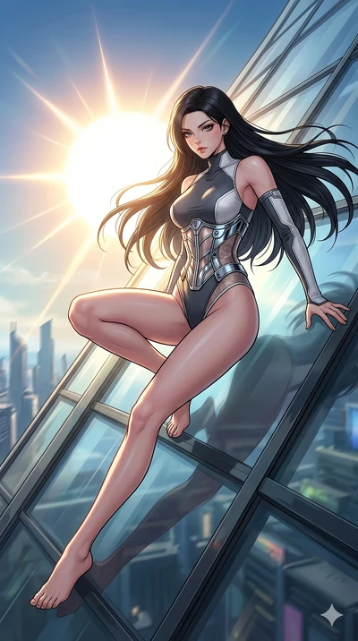 score_9, masterpiece, best quality, ultra-detailed, high-budget anime movie keyframe, cinematic anime lighting, intricate line art, Caucasian (strictly human ears) woman. Low angle cowboy shot capturing a powerful motion and statuesque presence. slid