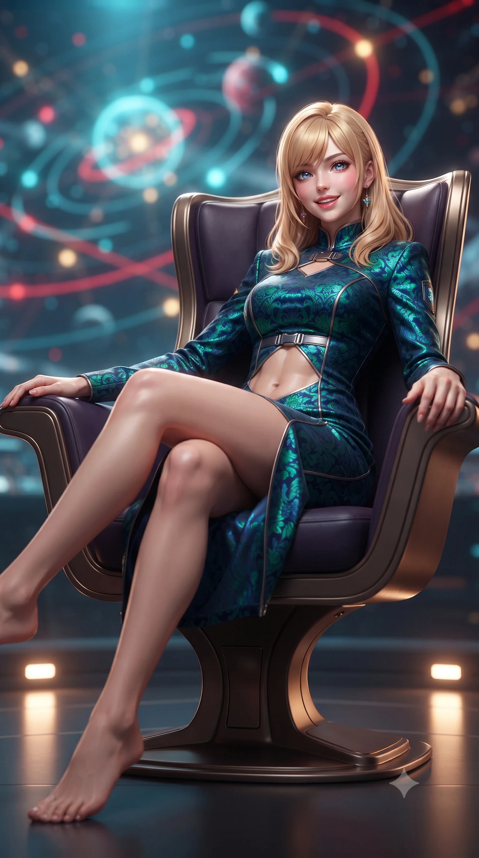 score_9, masterpiece, best quality, ultra-detailed, high-budget anime keyframe, editorial fashion photography, tasteful artistic composition, Caucasian woman. low angle full-body shot from head to toe showing her feet, filling the entire 9:16 vertical frame with her statuesque presence, stretching her vertical silhouette. lounging on the lavish daybed with legs crossed and hips angled toward the camera, displaying her toned midriff and long slender limbs with effortless siren poise while sitting gracefully on the high-backed admiral chair with legs crossed, flashing an enchanting smile with parted glossy lips as galactic vectors rotate around her. The background shows a soft-focus floating 3D holographic star clusters, pulsing red battle lines, and glowing planetary orbits blurred into cyan, crimson, and gold bokeh. She has an exceptionally tall and slender model-like 8.5-heads proportion, an ultra-slim waist, a flat toned midriff, narrow delicate ribcage, and beautifully sculpted feminine hips creating a graceful, slim hourglass silhouette without any bulky heaviness, with impossibly long slender legs. sharp v-shaped jawline, high-bridge nose, intricate jewel-like sparkling eyes with depth, thick eyelashes, glossy parted lips with a natural peach sheen, bright cheerful beaming smile with an enchanting and coquettish sensual glint, exuding both youthful cute charm and seductive allure, flawlessly proportioned anatomical accuracy, strict slender model proportions, natural body alignment, perfectly sculpted long slender limbs, ultra-slim waistline, clean dynamic posture without body distortion. wearing a tailored liquid velvet combat sheath dress with subtle metallic piping following her feminine curves without bulk in bioluminescent emerald and abyssal sapphire, woven from structured carbon-fiber jacquard with rich textural depth, finished with sleek magnetic buckle closures fluttering in the breeze, the impeccably tailored cut draping gracefully along her slender figure with aristocratic poise. bathed in the multi-colored celestial glow of the rotating holographic star system contrasted with subtle floor-level warm lights. ultra-reflective glossy finish, specular highlights, rich textural contrasts, high-contrast stereoscopic depth, volumetric dynamic lighting, 2k, ultra detail, master piece, 9:16 ratio