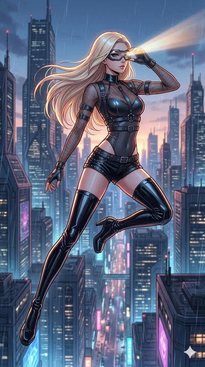 score_9, masterpiece, best quality, ultra-detailed, high-budget anime movie keyframe, cinematic anime lighting, intricate line art, Korean woman. Mid-air action shot capturing a graceful twist and vertical silhouette. adjusting her tactical goggles a