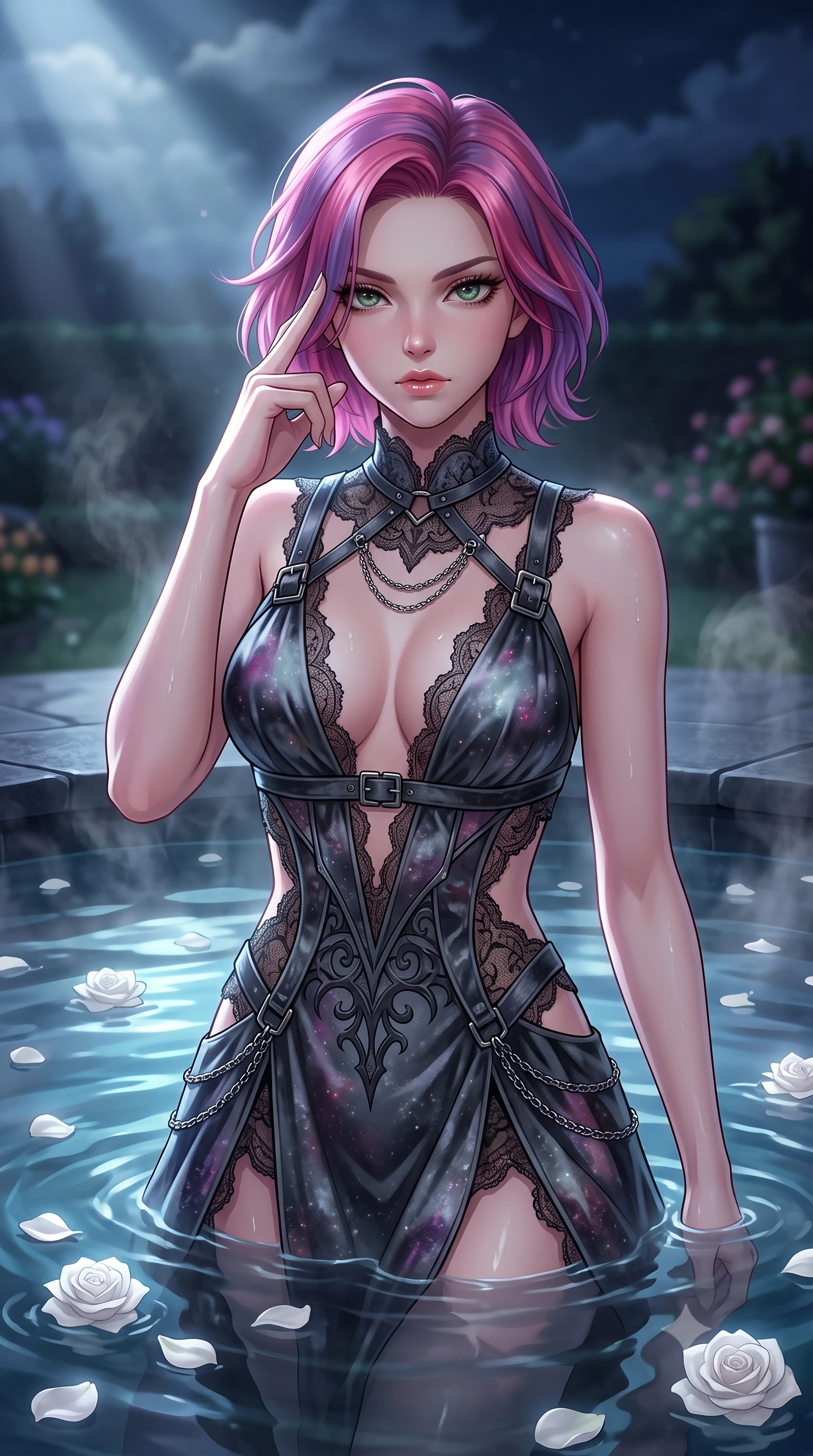 score_9, masterpiece, best quality, ultra-detailed, high-budget anime keyframe, editorial fashion photography, tasteful artistic composition, Caucasian woman. close-up cowboy shot from the waist and thighs up, the character dominates the composition, filling the frame with her large presence, background elements kept in soft focus. Pressing two fingers to her temple in a composed, sharp thoughtful gesture, immersed to the waist in a heated private pool with floating white rose petals, gentle steam rising from the heated water into the cool midnight air. She has an exceptionally elegant, slender, and willowy female figure with an ultra-slim waist, a gracefully sculpted slender torso, and a refined silhouette. sharp v-shaped jawline, high-bridge nose, intricate jewel-like eyes with depth, thick eyelashes, glossy lips with a natural sheen. wearing gothic nebula sheer dark lace gown with plunging neckline in dark charcoal gray, made of crushed dark silk velvet, framed by dark titanium buckles and silver chain details, sculpting her athletic slender build with refined precision. lit by a single piercing key ray filtering through soft night clouds. highly saturated vibrant anime colors, detailed shading with soft gradients, rich glossy textures, high-contrast stereoscopic depth, volumetric dynamic lighting, master piece, 9:16 ratio