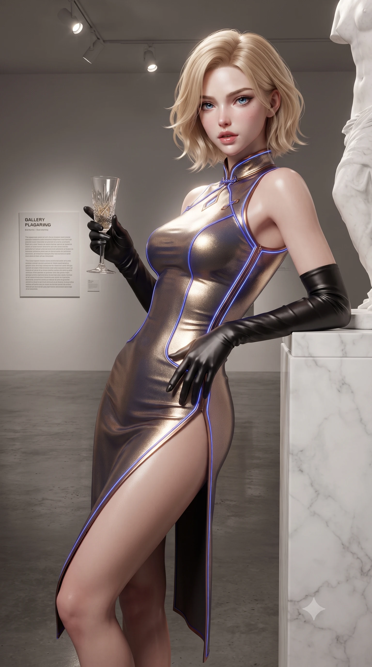 score_9, masterpiece, best quality, ultra-detailed, high-budget anime keyframe, editorial fashion photography, tasteful artistic composition, Caucasian woman. close-up cowboy shot from the waist and thighs up, the character dominates the composition, filling the frame with her large presence. resting one manicured hand delicately on her hip bone, her upper body turning in a fluid, seductive S-curve while parted lips glisten in the light while leaning back against the pedestal of a minimalist marble sculpture with hips cocked, casting a cool, intellectual, and smoldering gaze at the camera. The surrounding environment is rendered in vivid detail and crisp panoramic clarity. detailed tailored dress seam lines, mirror reflection clarity, and gallery placard typography in high resolution. She has an exceptionally elegant, slender, and willowy female figure with an ultra-slim waist, flat toned midriff, narrow ribcage, and sculpted feminine hips creating an alluring, slim hourglass silhouette without bulk. sharp v-shaped jawline, high-bridge nose, intricate jewel-like eyes with depth, thick eyelashes, glossy parted lips with a natural sheen, intensely captivating and seductive bedroom-eyes expression, flawlessly proportioned anatomical accuracy, strict slender model proportions, natural body alignment, perfectly sculpted long slender limbs, ultra-slim waistline, clean dynamic posture without body distortion. wearing a modernized cyber-qipao mini dress with an ultra-high side slit ascending to the hip and glowing piping in royal sapphire blue and liquid bronze, crafted from luxurious metallic lamé that shifts radiance with every step, accessorized with opera-length satin gloves and a vintage crystal glass, the glove-like aerodynamic silhouette tightly following the natural contour of her hips and long slender legs with statuesque 8.5-heads elegance. bathed in precise museum directional spotlights from above and soft floor-level ambient fill. ultra-reflective glossy finish, specular highlights, rich textural contrasts, high-contrast stereoscopic depth, volumetric dynamic lighting, 2k, ultra detail, master piece, 9:16 ratio