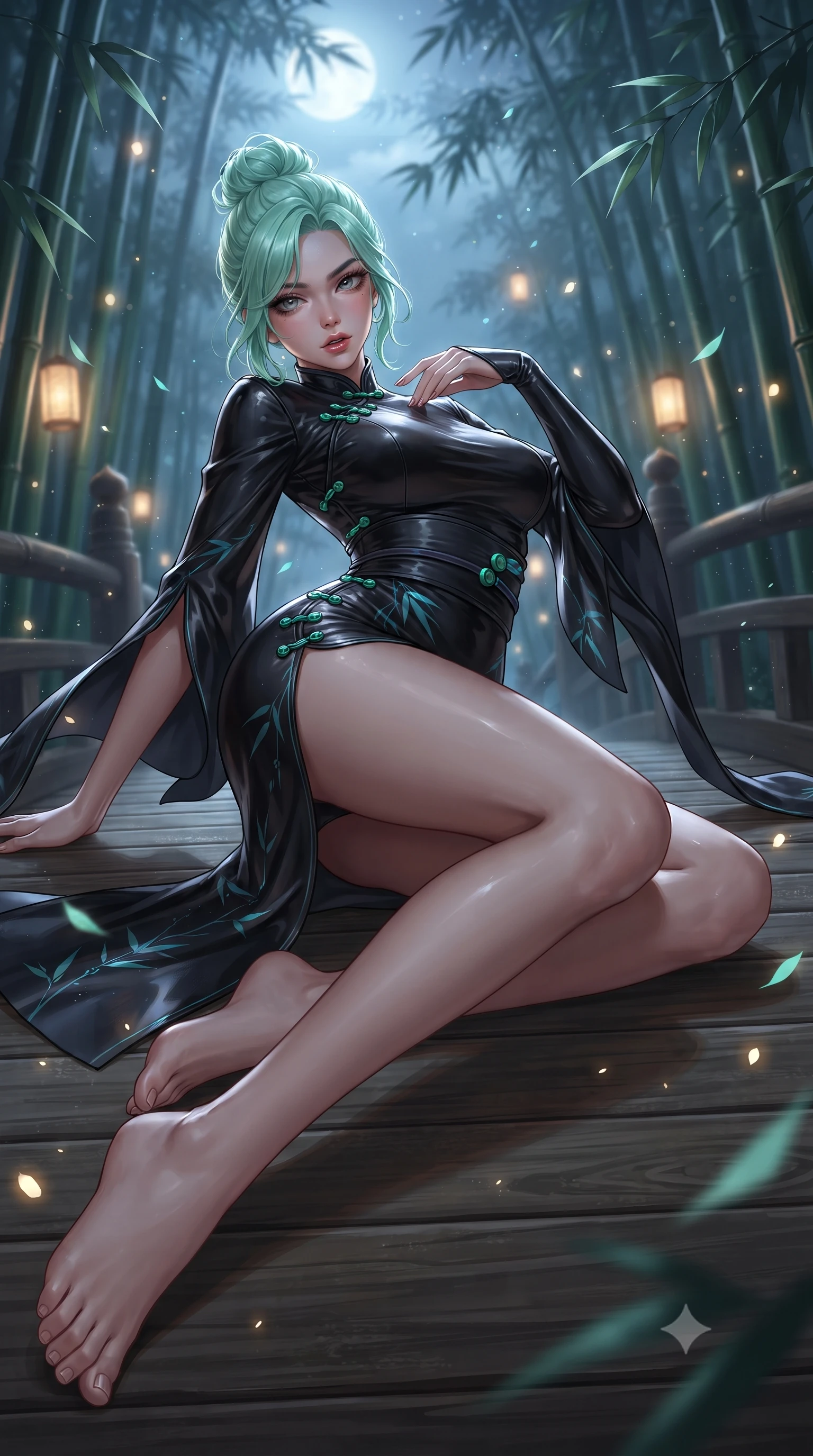 score_9, masterpiece, best quality, ultra-detailed, high-budget anime keyframe, editorial fashion photography, tasteful artistic composition, Japanese woman. low angle full-body shot from head to toe showing her feet, filling the entire 9:16 vertical frame with her statuesque presence, stretching her vertical silhouette. reclining on her side in an elegant Cleopatra pose with one knee drawn up, the dramatic contour of her rounded hips and long slender legs commanding the 9:16 vertical frame while standing poised on the wooden bridge terrace, twisting her upper body in an alluring S-curve as night wind rustles through the bamboo canopy. The composition keeps background elements in soft focus with creamy bokeh. drifting bamboo leaves and glowing lantern light rays scattering soft luminous light motes. She has an absolutely perfect, statuesque 8.5-heads proportion, an exceptionally tall and slender model-like female figure with impossibly long slender legs, a toned flat midriff, an ultra-slim waist, and beautifully sculpted feminine hips. sharp v-shaped jawline, high-bridge nose, intricate jewel-like eyes with depth, thick eyelashes, glossy parted lips with a natural sheen, intensely captivating and seductive bedroom-eyes expression, flawlessly proportioned anatomical accuracy, strict slender model proportions, natural body alignment, perfectly sculpted long slender limbs, ultra-slim waistline, clean dynamic posture without body distortion. wearing a traditional-modern silk fusion wrap dress with asymmetric trailing sleeves and waist-cinching obi in pitch black silk with neon bamboo leaf accents, made of flexible second-skin stretch neoprene with specular wet sheen, finished with genuine jade button closures and floating celestial silk ribbons, the glove-like aerodynamic silhouette tightly following the natural contour of her hips and long slender legs with statuesque precision. bathed in cool silver full-moon light streaming through the bamboo canopy and warm amber lantern downlights. ultra-reflective glossy finish, specular highlights, rich textural contrasts, high-contrast stereoscopic depth, volumetric dynamic lighting, 2k, ultra detail, master piece, 9:16 ratio