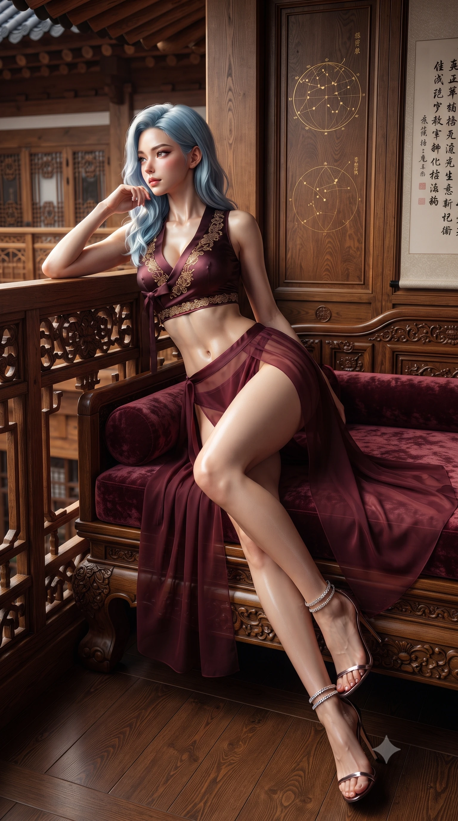score_9, masterpiece, best quality, ultra-detailed, high-budget anime keyframe, editorial fashion photography, tasteful artistic composition, Korean woman. low angle full-body shot from head to toe showing her feet, filling the entire 9:16 vertical frame with her statuesque presence, stretching her vertical silhouette. lounging on the lavish daybed with legs crossed and hips angled toward the camera, displaying her toned midriff and long slender limbs with effortless siren poise while leaning against the balcony railing with hips cocked back, looking over her shoulder with an intoxicating bedroom-gaze. The surrounding environment is rendered in vivid detail and crisp panoramic clarity: sharp carved teak wood grain, brass globe constellation markings, and delicate rice paper scroll calligraphy in deep focus. She has an absolutely perfect, statuesque 8.5-heads proportion, an exceptionally tall and slender model-like female figure with impossibly long slender legs, an ultra-slim waist, a flat toned midriff, narrow delicate ribcage, and beautifully sculpted feminine hips creating a graceful, slim hourglass silhouette without any bulky heaviness. sharp v-shaped jawline, high-bridge nose, sparkling eyes with hypnotic seductive depth, thick curled eyelashes, glossy parted lips with a natural dewy peach sheen, alluring bedroom-eyes with an enchanting coquettish smile, exuding magnetic siren charisma and sophisticated glamour, flawlessly proportioned anatomical accuracy, strict slender model proportions, natural body alignment, perfectly sculpted long slender limbs, ultra-slim waistline, clean dynamic posture without body distortion. wearing a plunging sweetheart-neckline silk jeogori crop top paired with an ultra-high-slit translucent chima wrap skirt and satin briefs in smoky bordeaux wine and gilded bronze, crafted from fluid liquid silk satin that clings smoothly to every curve with a dewy sheen, complemented by strappy stiletto sandals with crystal ankle wraps accentuating her slender calves, the precision-cut side openings and low-back scoop framing her graceful spine and the sensual sweep of her slim, toned hips. illuminated by book shelf shadow gradients and sharp warm-gold rim lights sculpting her jawline, ultra-slim waist, and curvy hips. ultra-reflective glossy finish, specular highlights, rich textural contrasts, high-contrast stereoscopic depth, volumetric dynamic lighting, 2k, ultra detail, master piece, 9:16 ratio