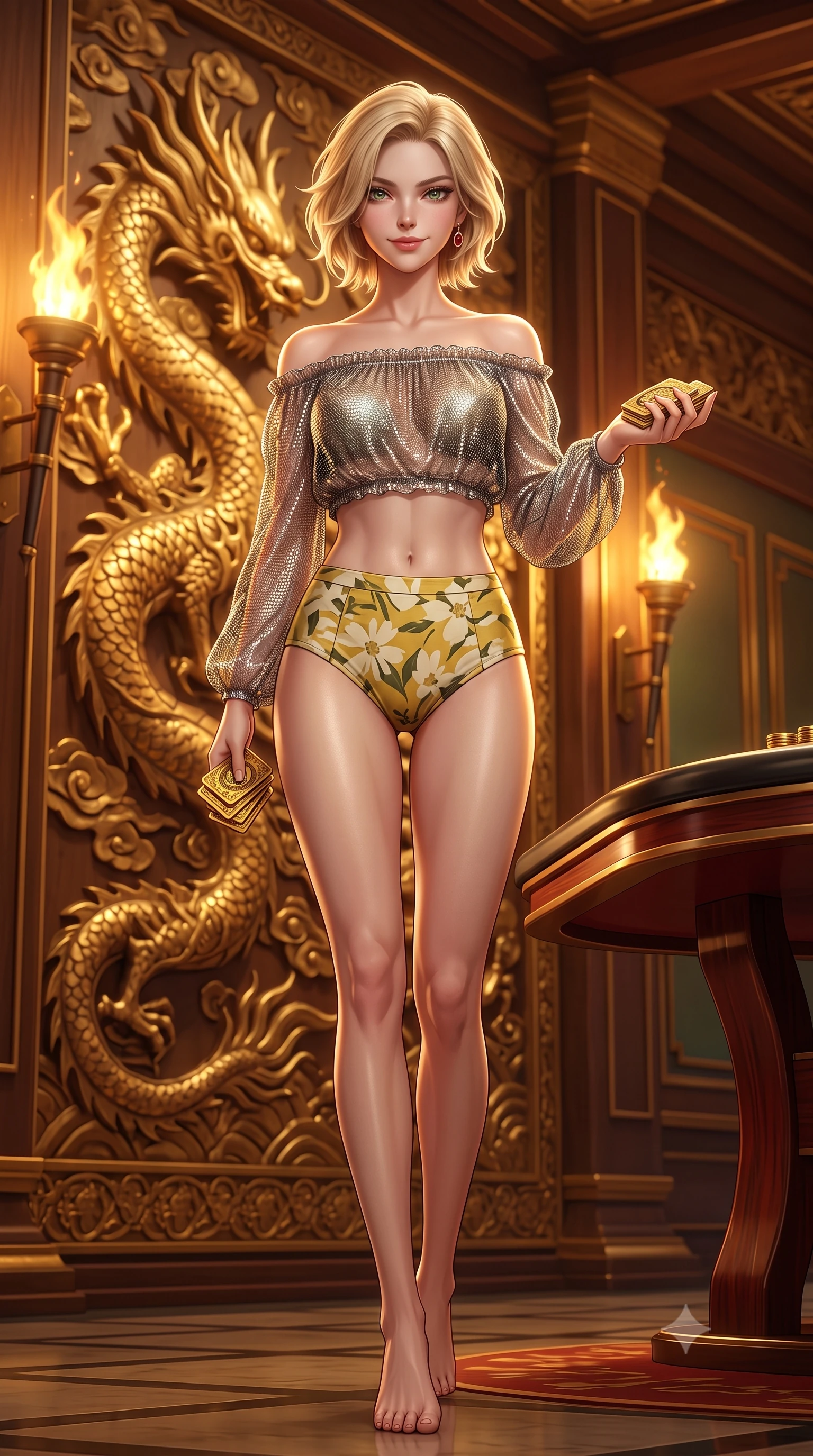 score_9, masterpiece, best quality, ultra-detailed, high-budget anime keyframe, semi-realistic 3D game render, editorial fashion photography, tasteful artistic composition, Caucasian woman. low angle full-body shot from head to toe showing her feet, filling the entire 9:16 vertical frame with her statuesque presence, stretching her vertical silhouette. stepping slowly toward the camera with hypnotic grace, hips swaying in an alluring sensual rhythm that accentuates her curvy hourglass silhouette and long slender legs while twisting her slender torso in an alluring contrapposto stance beside the relief-carved golden dragon wall, torches illuminating her hourglass curves. The surrounding environment is rendered in vivid detail and crisp panoramic clarity: detailed strappy velvet bustier texture, ruby earring gleam, and imperial casino interior craftsmanship in razor-sharp precision. She has an absolutely perfect, statuesque 8.5-heads proportion, an exceptionally tall and slender model-like female figure with impossibly long slender legs, an ultra-slim waist, a flat toned midriff, narrow delicate ribcage, and beautifully sculpted feminine hips creating a graceful, slim hourglass silhouette without any bulky heaviness. sharp v-shaped jawline, high-bridge nose, sparkling eyes with hypnotic seductive depth, thick curled eyelashes, glossy parted lips with a natural dewy peach sheen, alluring bedroom-eyes with an enchanting coquettish smile, exuding magnetic siren charisma and sophisticated glamour, flawlessly proportioned anatomical accuracy, strict slender model proportions, natural body alignment, perfectly sculpted long slender limbs, ultra-slim waistline, clean dynamic posture without body distortion. wearing an off-the-shoulder sheer peasant crop blouse with ruched neckline paired with tight high-waisted linen briefs in sunlit daisy yellow and gardenia cream with olive accents, crafted from shimmering fluid chainmail mesh reflecting ambient casino lights, accented with a stack of engraved gold casino plaques held loosely in one hand, the glove-like clinging cut tightly following the natural contour of her hips and long slender legs with youthful 8.5-heads elegance. illuminated by polished table lacquer bounce and sharp warm-gold rim lights sculpting her jawline, flat midriff, and voluptuous hip curves. highly saturated vibrant anime colors, detailed shading with soft gradients, rich glossy textures, high-contrast stereoscopic depth, volumetric dynamic lighting, master piece, 9:16 ratio