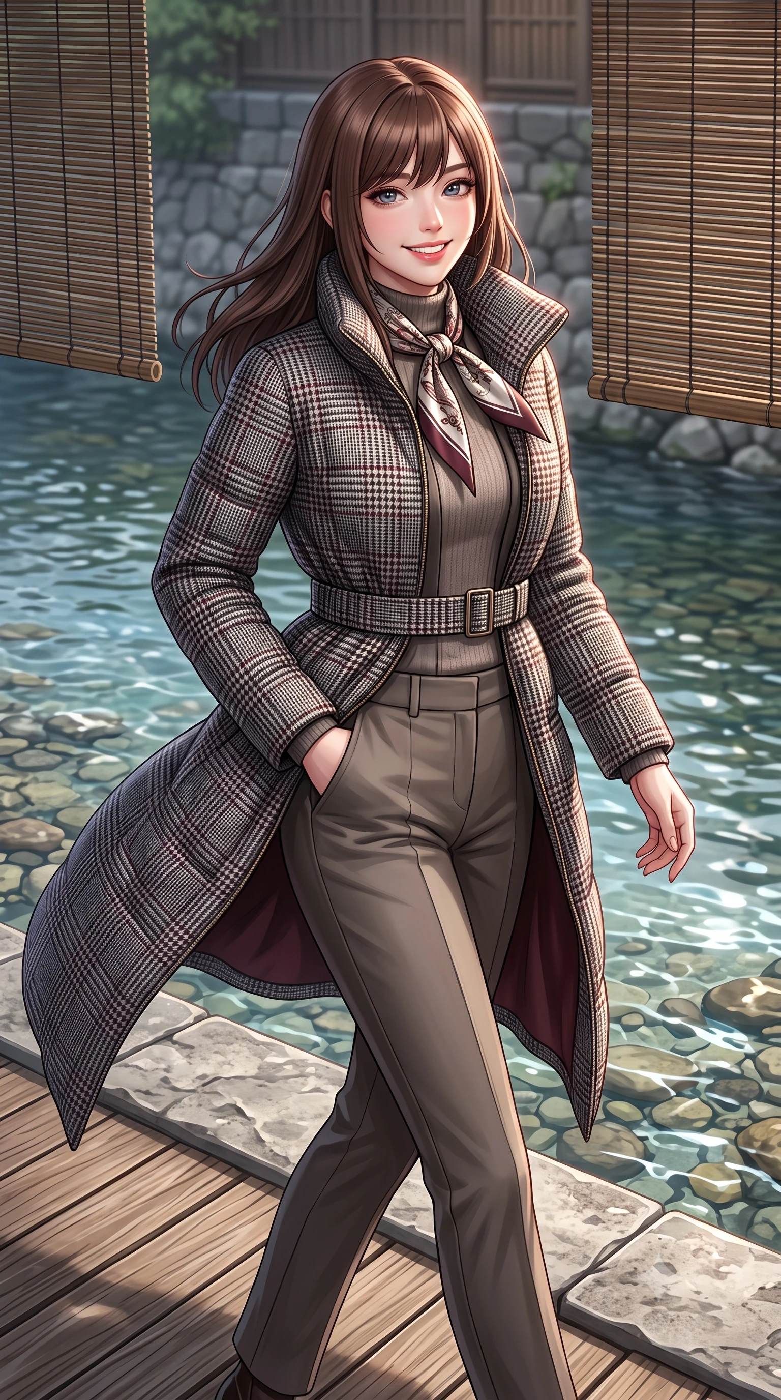 score_9, masterpiece, best quality, ultra-detailed, high-budget anime keyframe, semi-realistic 3D game render, editorial fashion photography, tasteful artistic composition, Korean woman. close-up cowboy shot from the waist and thighs up, the character dominates the composition, filling the frame with her large presence. standing poised with one hand slipped into her tailored trouser pocket, head tilted in a friendly, engaging expression while walking along the riverside stone promenade with poised strides, her wool coat billowing softly in the river current breeze. The surrounding environment is rendered in vivid detail and crisp panoramic clarity: sharp weather-beaten cedar wood decking textures, river stones in clear shallow water, and bamboo lattice blinds in deep focus. She has an exceptionally elegant, slender, and willowy female figure with an ultra-slim waist, flat toned midriff, narrow ribcage, and sculpted feminine hips creating an alluring, slim hourglass silhouette without bulk. sharp v-shaped jawline, high-bridge nose, intricate jewel-like sparkling eyes with depth, thick eyelashes, glossy parted lips with a natural peach sheen, bright cheerful beaming smile with an enchanting and coquettish sensual glint, exuding both youthful cute charm and seductive allure, flawlessly proportioned anatomical accuracy, strict slender model proportions, natural body alignment, perfectly sculpted long slender limbs, ultra-slim waistline, clean dynamic posture without body distortion. wearing a tailored quilted down coat with a cinched elastic belt and high funnel neck over thermal knit layers in classic glen plaid monochrome with subtle wine red accent, tailored from heritage British Harris Tweed with rich multi-tonal yarn weave, finished with a printed silk twilly scarf knotted gracefully around her neck, the streamlined silhouette following her natural slender proportions with sophisticated poise, enhancing her tall willowy presence. illuminated by river water specular reflection bounce and sharp copper-rose rim lights sculpting her jawline, narrow waist, and graceful model proportions. highly saturated vibrant anime colors, detailed shading with soft gradients, rich glossy textures, high-contrast stereoscopic depth, volumetric dynamic lighting, master piece, 9:16 ratio