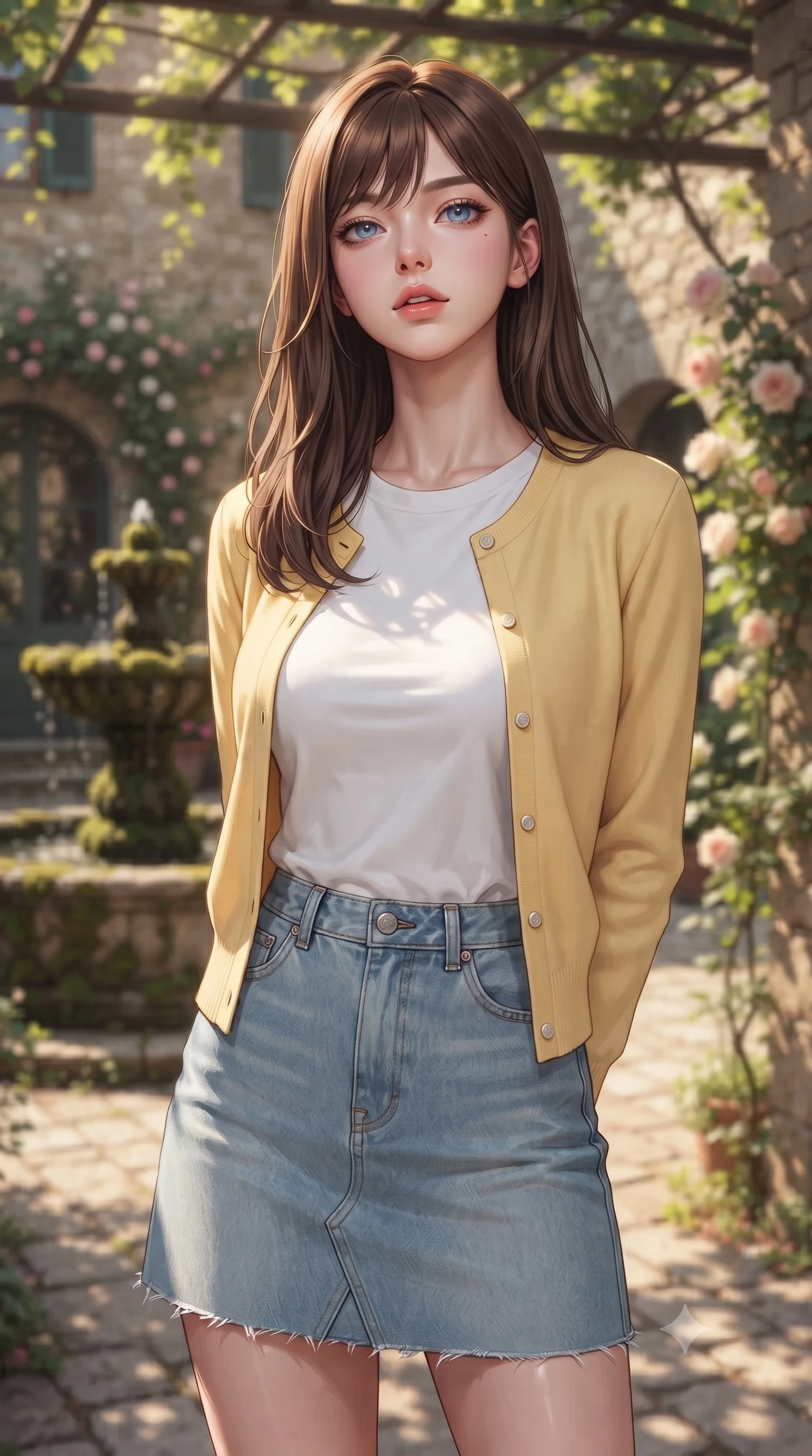 score_9, masterpiece, best quality, ultra-detailed, high-budget anime keyframe, editorial fashion photography, tasteful artistic composition, Korean woman woman. close-up cowboy shot from the waist and thighs up, the character dominates the composition, filling the frame with her large presence, background elements kept in soft focus. tilting her chin up slightly with lips parted in a composed, provocative expression the background shows a soft-focus a quiet stone patio of a historic villa, with a mossy fountain and roses. She has an exceptionally elegant, slender, and willowy female figure with an ultra-slim waist, a gracefully sculpted slender torso, and a refined silhouette. sharp v-shaped jawline, high-bridge nose, intricate jewel-like eyes with depth, thick eyelashes, glossy lips with a natural sheen. wearing a tailored soft yellow cardigan over a white t-shirt and light blue denim skirt. dappled sunlight filtering through the trees, casting organic shadows on the ground. ultra-reflective glossy finish, specular highlights, metallic sheen, high-contrast stereoscopic depth, volumetric dynamic lighting, 2k, ultra detail, master piece, 9:16 ratio