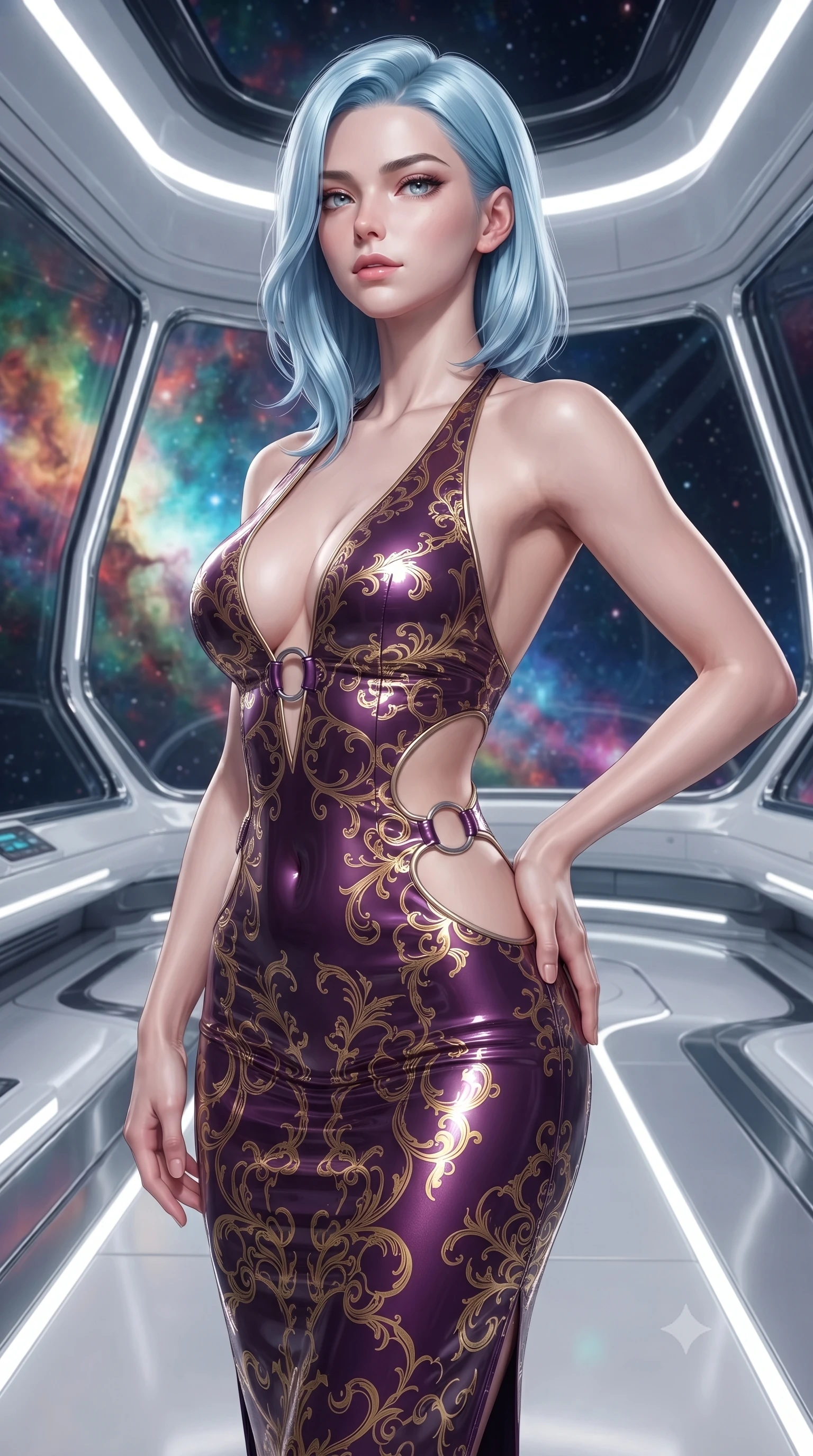 score_9, masterpiece, best quality, ultra-detailed, high-budget anime keyframe, editorial fashion photography, tasteful artistic composition, Korean woman. close-up cowboy shot from the waist and thighs up, the character dominates the composition, filling the frame with her large presence, background elements kept in soft focus. Gazing past the camera with an air of effortless elegance and mysterious confidence standing inside a high-tech observatory with panoramic glass views of a nebula, sleek reflective white and chrome surfaces emphasizing ultra-clean lines. She has an exceptionally elegant, slender, and willowy female figure with an ultra-slim waist, a gracefully sculpted slender torso, and a refined silhouette. sharp v-shaped jawline, high-bridge nose, intricate jewel-like eyes with depth, thick eyelashes, glossy lips with a natural sheen. wearing a deep-scoop halter bodycon dress with hip cutouts connected by silver rings in plum purple and gold filigree, tailored from high-gloss patent leather, featuring subtle geometric cutouts that highlight her ultra-slim midriff, the tailored fabric tightly following every curve of her athletic build. surrounded by a crisp high-tech illumination highlighting every sleek curve. ultra-reflective glossy finish, specular highlights, metallic sheen, high-contrast stereoscopic depth, volumetric dynamic lighting, 2k, ultra detail, master piece, 9:16 ratio