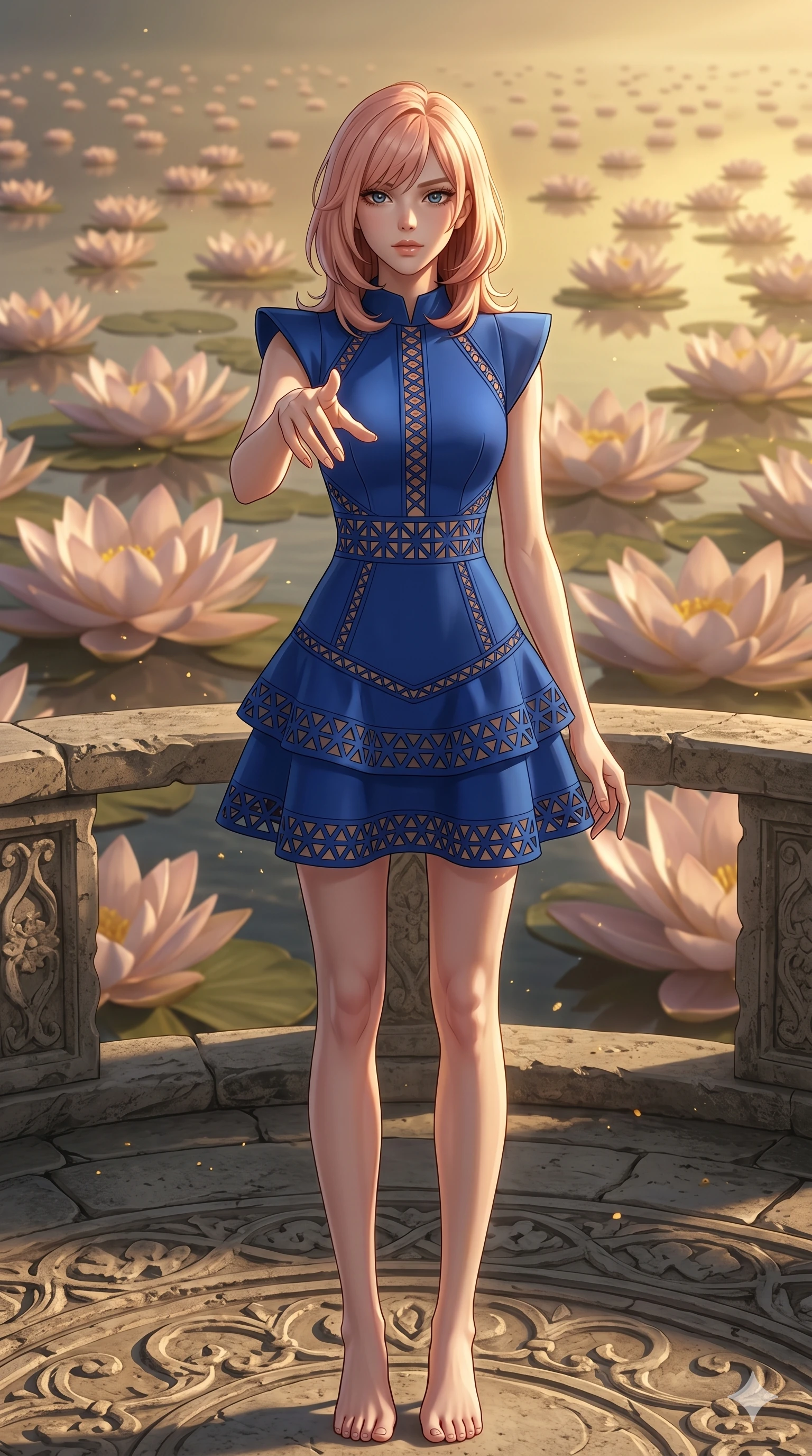 score_9, masterpiece, best quality, ultra-detailed, high-budget anime keyframe, editorial fashion photography, tasteful artistic composition, Japanese woman. cowboy shot from the thighs up, character and outfit filling the frame for maximum editorial presence. Reaching one hand toward the viewer with relaxed elegance atop a stone terrace overlooking an endless sea of giant floating lotus flowers. She has an absolutely perfect 8-heads proportion, an exceptionally tall and slender female figure with impossibly long slender legs and an ultra-slim waist. V-shaped jawline, high-bridge nose, intricate jewel-like eyes with depth, thick eyelashes, glossy lips with a natural sheen. wearing a cobalt blue structured mini dress featuring intricate laser-cut geometric patterns along the waist and hem, lined with nude-toned fabric. lit by dramatic chiaroscuro with a single golden key light carving her facial contours and figure. 2k, ultra detail, master piece, 9:16 ratio