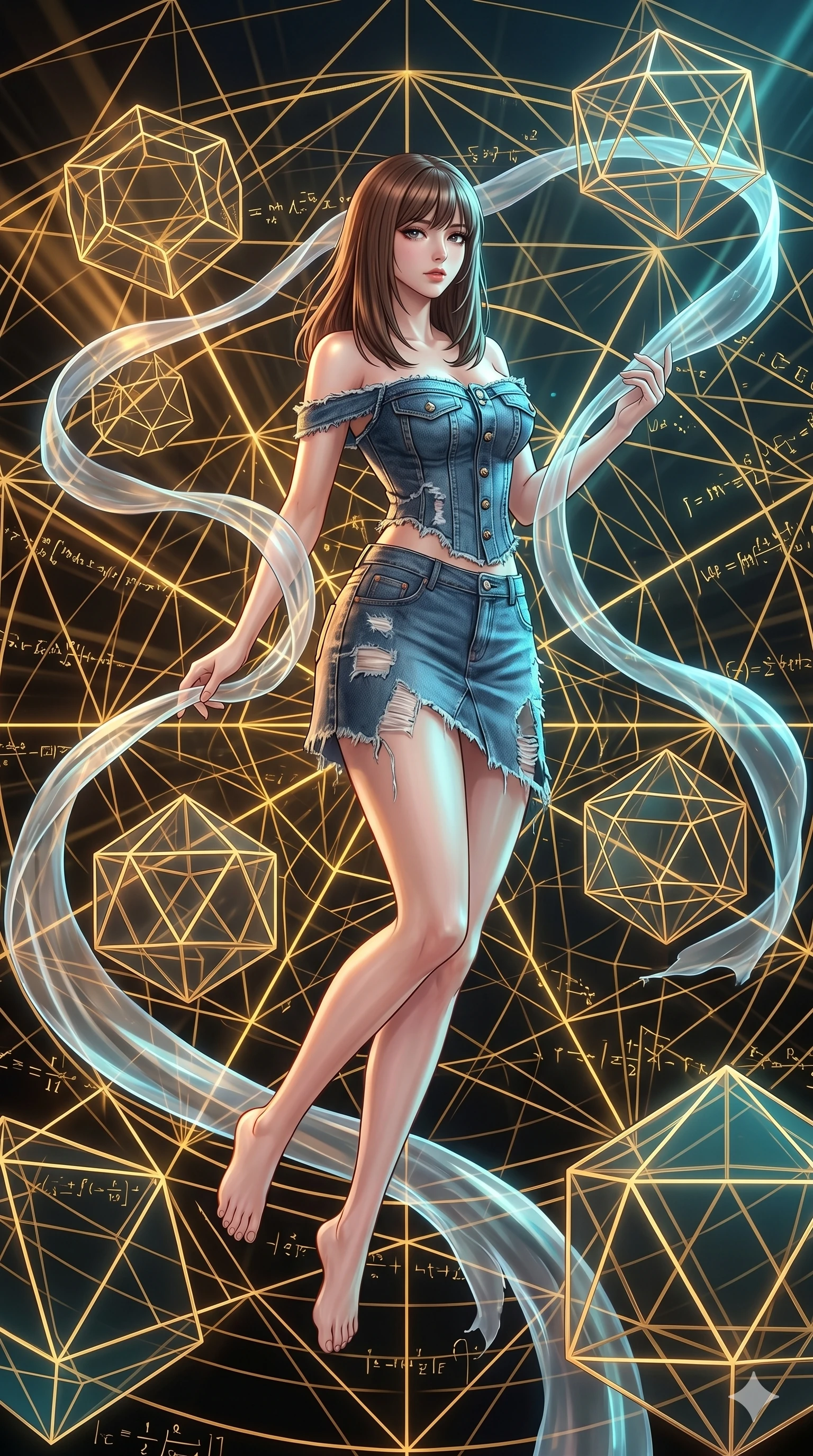 score_9, masterpiece, best quality, ultra-detailed, high-budget anime keyframe, Korean woman. low angle full-body shot filling the entire 9:16 frame with her statuesque presence, stretching the vertical silhouette. floating gracefully in a mathematical mandala void filled with golden geometric lines of complex formulas, holding a translucent ribbon as she glides between floating regular polyhedrons. She has an absolutely perfect 8-heads proportion, an exceptionally tall and slender female figure with impossibly long slender legs and an ultra-slim waist. V-shaped jawline, high-bridge nose, intricate jewel-like eyes with depth, thick eyelashes, glossy lips with a natural sheen.. wearing a deconstructed denim corset and an asymmetric ripped denim micro-skirt, showcasing a rugged yet chic off-shoulder style. showcasing a beautiful play of light and shadow, with warm golden rays clashing against cool cyan highlights. 2k, ultra detail, master piece, 9:16 ratio