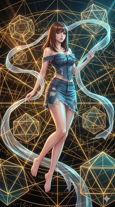 score_9, masterpiece, best quality, ultra-detailed, high-budget anime keyframe, Korean woman. low angle full-body shot filling the entire 9:16 frame with her statuesque presence, stretching the vertical silhouette. floating gracefully in a mathematic