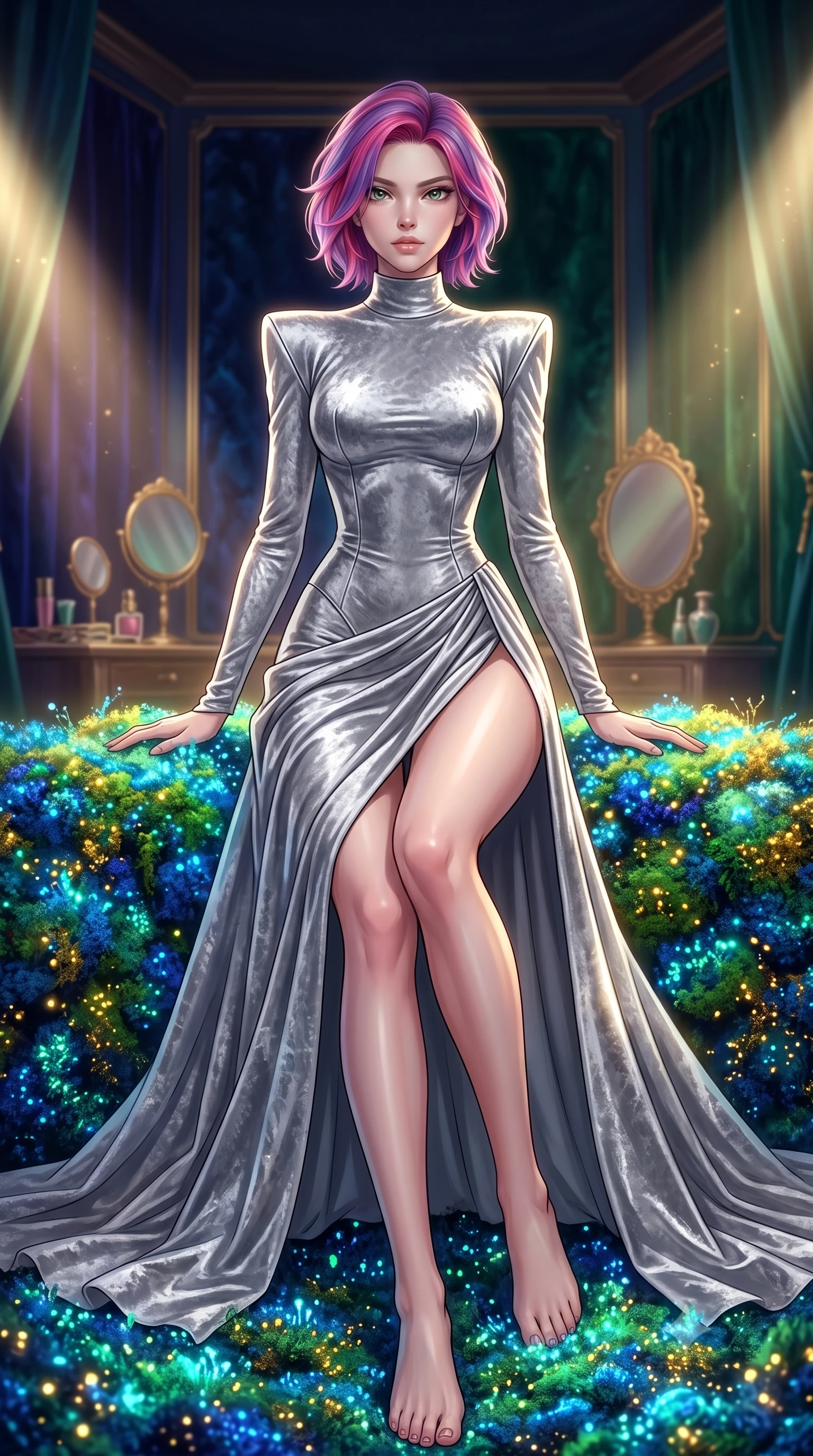 score_9, masterpiece, best quality, ultra-detailed, High-budget Anime Keyframe, Caucasian woman, strictly human ears. Low angle cowboy shot filling the entire 9:16 frame with her statuesque presence. Scenario 465: lying gracefully on a bed of bioluminescent moss inside a velvet-lined dressing room illuminated by soft golden spotlights. Her presence is magnetic and overpowering in this high-budget anime scene. Outfit 465: a tailored liquid silver crushed velvet catsuit featuring a high-slit skirt and structured shoulders. The clothing is designed to emphasize her exceptionally tall and slender 8-heads proportion. 8-heads proportion, towering silhouette, ultra-slim waist. sharp v-shaped jawline, intricate jewel-like eyes with depth, thick eyelashes, glossy lips. 2k, ultra detail, master piece, 9:16 ratio