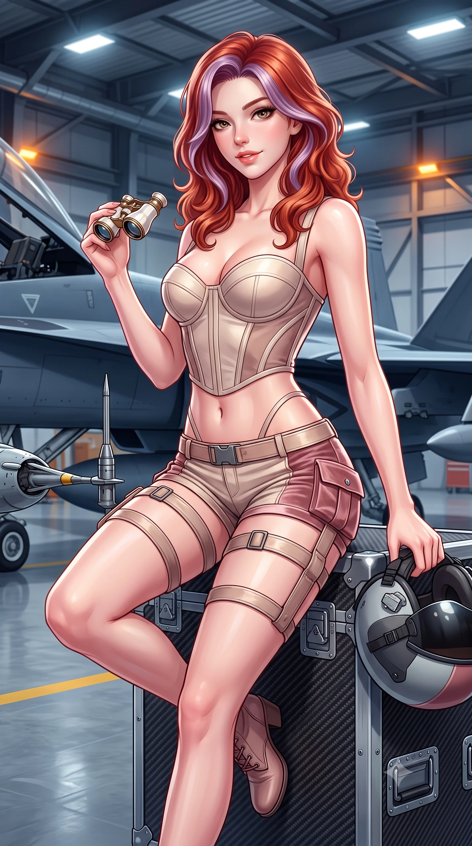 score_9, masterpiece, best quality, ultra-detailed, high-budget anime keyframe, semi-realistic 3D game render, editorial fashion photography, tasteful artistic composition, Caucasian woman. close-up cowboy shot from the waist and thighs up, the character dominates the composition, filling the frame with her large presence. perched sideways on the lounge seat, one knee drawn up to showcase her slender leg line while her arched back accentuates her feminine hip curve while sitting perched on a carbon-fiber flight case with legs crossed, holding a flight helmet with confident, coquettish charm. The surrounding environment is rendered in vivid detail and crisp panoramic clarity: sharp radar-absorbent matte coating texture, drone pitot tube probe, and polished epoxy floor reflections in deep focus. She has an exceptionally elegant, slender, and willowy female figure with an ultra-slim waist, flat toned midriff, narrow ribcage, and sculpted feminine hips creating an alluring, slim hourglass silhouette without bulk. sharp v-shaped jawline, high-bridge nose, sparkling eyes with hypnotic seductive depth, thick curled eyelashes, glossy parted lips with a natural dewy peach sheen, alluring bedroom-eyes with an enchanting coquettish smile, exuding magnetic siren charisma and sophisticated glamour, flawlessly proportioned anatomical accuracy, strict slender model proportions, natural body alignment, perfectly sculpted long slender limbs, ultra-slim waistline, clean dynamic posture without body distortion. wearing a structured boned tactical leatherette corset bodice paired with low-rise cargo hot-pants and thigh holster straps in powder champagne cream and dusty rose velvet, made of semi-opaque stretch illusion mesh with soft shadowy contours, accented with an antique mother-of-pearl opera glass held casually in one hand, the liquid-tight tailored fabric clinging flawlessly to her narrow waist and rounded feminine hips, emphasizing every millimeter of her sculpted slim hourglass curves without any bulky heaviness. bathed in high-altitude aerospace hangar floodlights mixed with amber safety strobe accents. highly saturated vibrant anime colors, detailed shading with soft gradients, rich glossy textures, high-contrast stereoscopic depth, volumetric dynamic lighting, master piece, 9:16 ratio