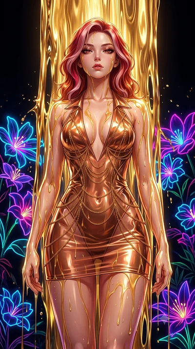 score_9, masterpiece, best quality, ultra-detailed, High-budget Anime Keyframe, Caucasian woman, strictly human ears. Low angle cowboy shot filling the entire 9:16 frame with her statuesque presence. Scenario 499: standing under a waterfall of liquid