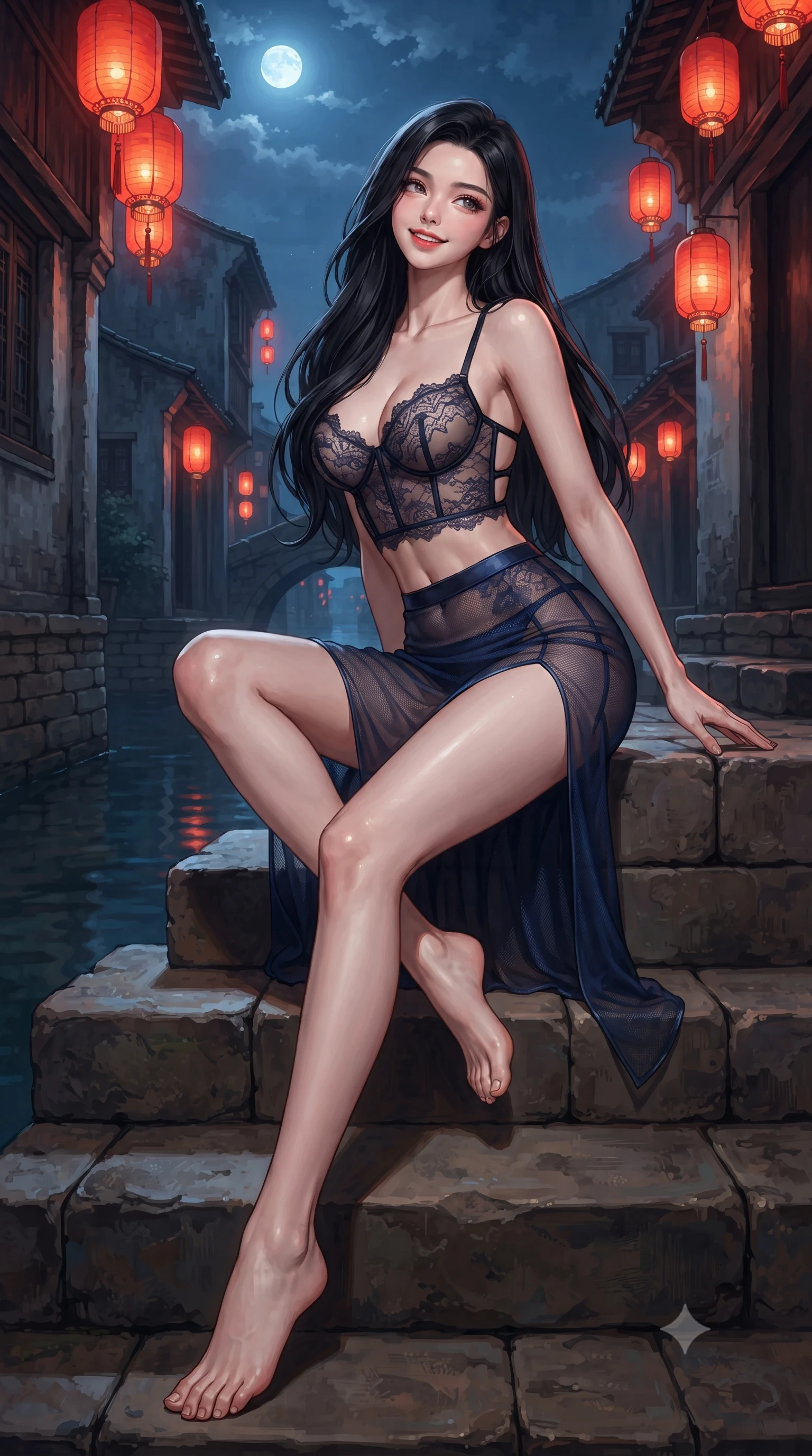 score_9, masterpiece, best quality, ultra-detailed, high-budget anime keyframe, editorial fashion photography, tasteful artistic composition, Korean woman. low angle full-body shot from head to toe showing her feet, filling the entire 9:16 vertical frame with her statuesque presence, stretching her vertical silhouette. sitting poised on the stone steps with one knee bent, arching her spine with supermodel elegance as she glances upward through thick eyelashes while twisting her slender torso in an alluring contrapposto stance, hanging red paper lanterns casting warm crimson reflections across her flat midriff. The surrounding environment is rendered in vivid detail and crisp panoramic clarity: detailed semi-sheer botanical lace teddy weave, open back ties, and riverfront heritage architecture in razor-sharp precision. She has an exceptionally tall and slender model-like 8.5-heads proportion, an ultra-slim waist, a flat toned midriff, narrow delicate ribcage, and beautifully sculpted feminine hips creating a graceful, slim hourglass silhouette without any bulky heaviness, with impossibly long slender legs. sharp v-shaped jawline, high-bridge nose, intricate jewel-like sparkling eyes with depth, thick eyelashes, glossy parted lips with a natural peach sheen, bright cheerful beaming smile with an enchanting and coquettish sensual glint, exuding both youthful cute charm and seductive allure, flawlessly proportioned anatomical accuracy, strict slender model proportions, natural body alignment, perfectly sculpted long slender limbs, ultra-slim waistline, clean dynamic posture without body distortion. wearing a sculpted underwire bustier in sheer noir Chantilly lace paired with a high-waisted sheer mesh skirt with dramatic back slit in moonlit Grand Canal sapphire navy and liquid platinum, woven from fine semi-opaque stretch illusion mesh tracing her slender contours, finished with scalloped eyelash lace trim framing her sweetheart neckline with intimate elegance, the second-skin tailored fabric adhering flawlessly to her sculpted flat midriff and slender torso, emphasizing her long leg lines and perfectly proportioned willowy build. bathed in the romantic crimson-gold lantern glows contrasted with cool deep-blue midnight river reflections. ultra-reflective glossy finish, specular highlights, rich textural contrasts, high-contrast stereoscopic depth, volumetric dynamic lighting, 2k, ultra detail, master piece, 9:16 ratio