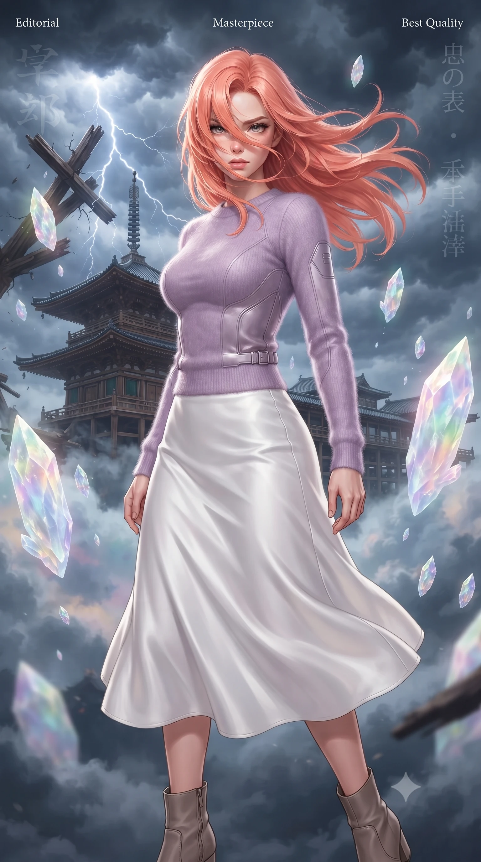 score_9, masterpiece, best quality, ultra-detailed, high-budget anime keyframe, editorial fashion photography, tasteful artistic composition, realistic cosplay photography, Japanese woman. close-up cowboy shot from the waist and thighs up, the character dominates the composition, filling the frame with her large presence, background elements kept in soft focus. Executing a sudden, fast pivot to face the camera, her hair whipping violently across her face. set against a soft-focus background of a wooden pagoda temple floating high in the sky among stormy clouds, wooden beams cracking under lightning pressure. She has an exceptionally elegant and slender, willowy female figure with an ultra-slim waist, a gracefully sculpted slender torso, and a refined slim physique. sharp v-shaped jawline, high-bridge nose, intricate jewel-like eyes with depth, thick eyelashes, glossy lips with a natural sheen. wearing tailored for maximum mobility, sleek form-contouring panels that allow fluid movement, a slim-fit soft lavender mohair knit sweater paired with a flowing white satin midi skirt and taupe ankle boots. ethereal pearlescent light emanating from floating crystalline formations all around. ultra-reflective glossy finish, specular highlights, metallic sheen, high-contrast stereoscopic depth, volumetric dynamic lighting, 2k, ultra detail, master piece, 9:16 ratio