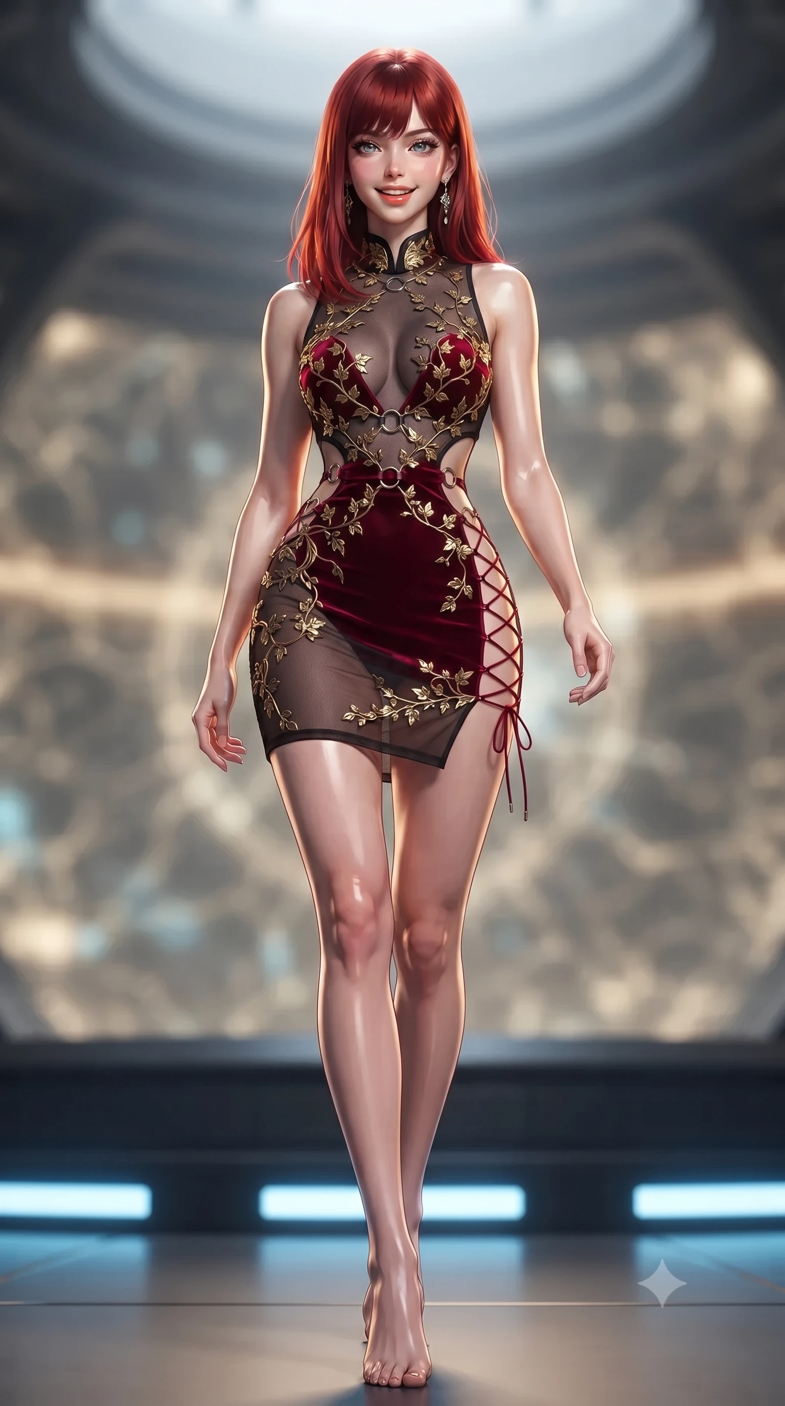 score_9, masterpiece, best quality, ultra-detailed, high-budget anime keyframe, editorial fashion photography, tasteful artistic composition, Caucasian woman. low angle full-body shot from head to toe showing her feet, filling the entire 9:16 vertical frame with her statuesque presence, stretching her vertical silhouette. stepping forward in a confident stride, her long slender legs and curvaceous hips creating a dynamic, sweeping vertical line while twisting her slender torso in an alluring S-curve, brilliant relativity light arcs curving around her flat midriff and hourglass curves. The background shows a soft-focus plasma containment field hum softened in quantum singularity observation bridge shallow focus. She has an exceptionally tall and slender model-like 8.5-heads proportion, an ultra-slim waist, a flat toned midriff, narrow delicate ribcage, and beautifully sculpted feminine hips creating a graceful, slim hourglass silhouette without any bulky heaviness, with impossibly long slender legs. sharp v-shaped jawline, high-bridge nose, intricate jewel-like sparkling eyes with depth, thick eyelashes, glossy parted lips with a natural peach sheen, bright cheerful beaming smile with an enchanting and coquettish sensual glint, exuding both youthful cute charm and seductive allure, flawlessly proportioned anatomical accuracy, strict slender model proportions, natural body alignment, perfectly sculpted long slender limbs, ultra-slim waistline, clean dynamic posture without body distortion. wearing a provocative sheer noir illusion mesh cocktail dress with embroidered climbing metallic ivy contouring her curves in Cyber-Baroque gilded gold and royal crimson velvet, adorned with delicate chrome ring hardware and cutouts along her slender waist, featuring fine criss-cross lace-up side ties revealing tantalizing glimpses of her hip curve, the liquid-tight tailored fabric clinging flawlessly to her narrow waist and rounded feminine hips, emphasizing every millimeter of her sculpted slim hourglass curves without any bulky heaviness. illuminated by console screen bounce and sharp relativistic gold rim lights defining her razor-sharp jawline, narrow waist, and curvy hips. ultra-reflective glossy finish, specular highlights, rich textural contrasts, high-contrast stereoscopic depth, volumetric dynamic lighting, 2k, ultra detail, master piece, 9:16 ratio
