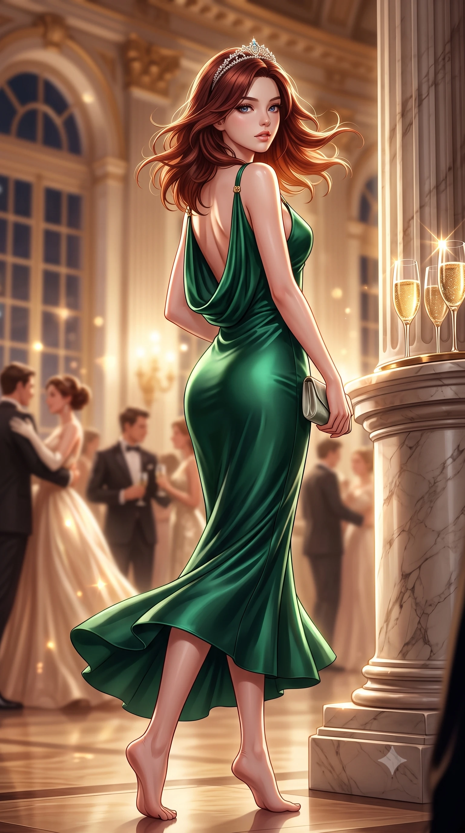 score_9, masterpiece, best quality, ultra-detailed, high-budget anime keyframe, semi-realistic 3D game render, editorial fashion photography, tasteful artistic composition, Korean woman. low angle full-body shot from head to toe showing her feet, filling the entire 9:16 vertical frame with her statuesque presence, stretching her vertical silhouette. pivoting dynamically with supreme athletic balance and poise, her impossibly long slender legs creating a breathtaking line while pivoting dynamically beside colossal marble columns as golden champagne toasts catch dazzling light highlights. The composition keeps background elements in soft focus with creamy bokeh. twirling ballroom gala guests and towering arched palace windows blurred into creamy champagne and amber bokeh. She has an absolutely perfect, statuesque 8.5-heads proportion, an exceptionally tall and slender model-like female figure with impossibly long slender legs, a toned flat midriff, and an ultra-slim waist. sharp v-shaped jawline, high-bridge nose, intricate jewel-like eyes with depth, thick eyelashes, glossy lips with a natural sheen, captivating and magnetic expression, flawlessly proportioned anatomical accuracy, strict slender model proportions, natural body alignment, perfectly sculpted long slender limbs, ultra-slim waistline, clean dynamic posture without body distortion. wearing a liquid jersey evening slip dress with a draped cowl back swooping down to her waist in deep emerald green satin and gold hardware, tailored from ultra-smooth duchess satin with a pearlescent sheen, accessorized with a sparkling tiara headband and delicate satin clutch, the form-contouring material adhering flawlessly to her sculpted flat midriff and slender torso, emphasizing her long leg lines and perfectly proportioned willowy build. surrounded by a glamorous, exclusive, and breathtakingly captivating billionaire heiress aura. highly saturated vibrant anime colors, detailed shading with soft gradients, rich glossy textures, high-contrast stereoscopic depth, volumetric dynamic lighting, master piece, 9:16 ratio
