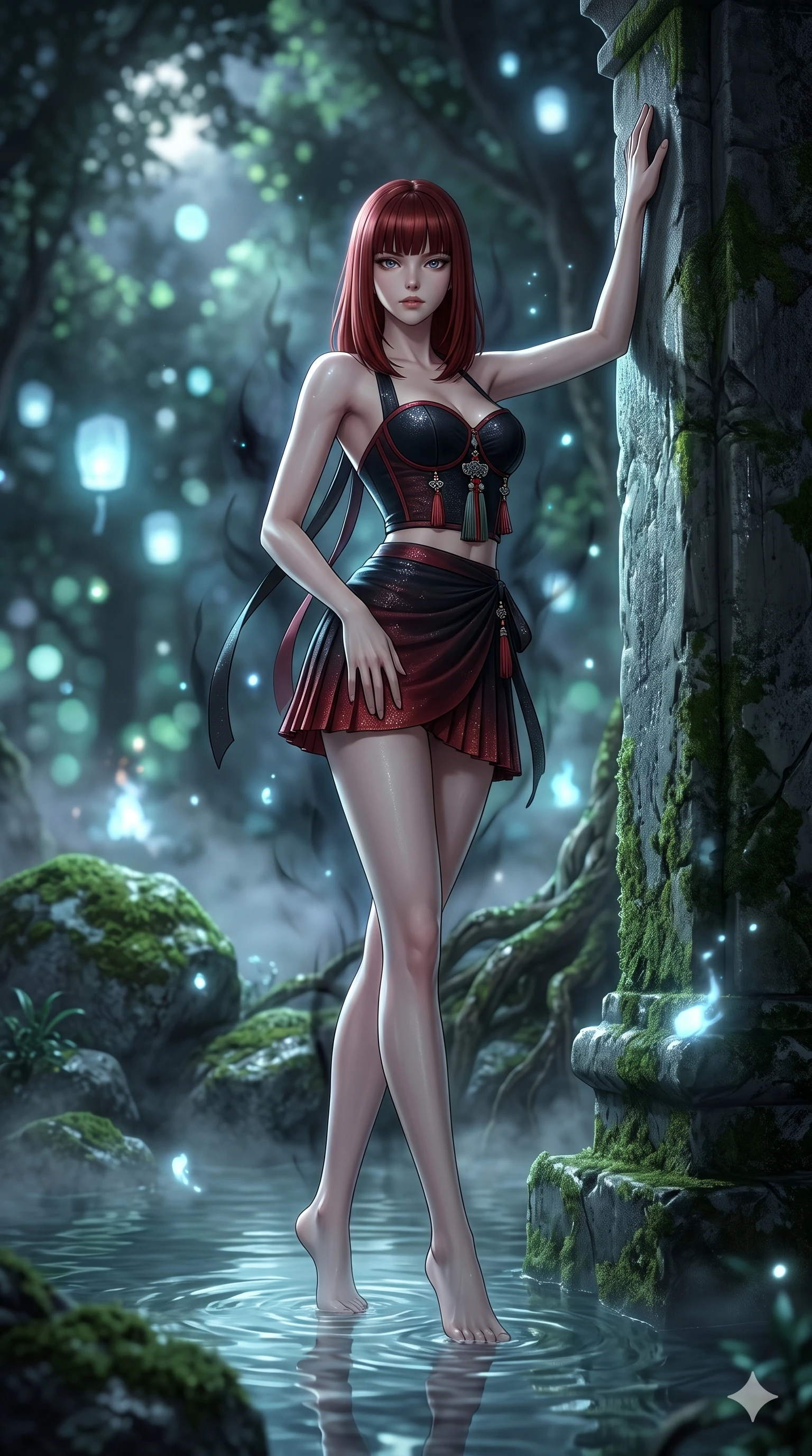 score_9, masterpiece, best quality, ultra-detailed, high-budget anime keyframe, semi-realistic 3D game render, editorial fashion photography, tasteful artistic composition, Caucasian woman. low angle full-body shot from head to toe showing her feet, filling the entire 9:16 vertical frame with her statuesque presence, stretching her vertical silhouette. standing tall beside the architectural column, one hand resting high while arching her lower back to emphasize her sculpted feminine hips and slender waist while stepping gracefully through the misty spring waters, her long slender legs and curvy hourglass hips commanding the mystical grove. The background shows a soft-focus floating pale blue spirit lanterns, moss-covered boulders, and swirling mountain spring mist blurred into pale cyan, emerald, and charcoal bokeh. She has an absolutely perfect, statuesque 8.5-heads proportion, an exceptionally tall and slender model-like female figure with impossibly long slender legs, an ultra-slim waist, a flat toned midriff, narrow delicate ribcage, and beautifully sculpted feminine hips creating a graceful, slim hourglass silhouette without any bulky heaviness. sharp v-shaped jawline, high-bridge nose, sparkling eyes with hypnotic seductive depth, thick curled eyelashes, glossy parted lips with a natural dewy peach sheen, alluring bedroom-eyes with an enchanting coquettish smile, exuding magnetic siren charisma and sophisticated glamour, flawlessly proportioned anatomical accuracy, strict slender model proportions, natural body alignment, perfectly sculpted long slender limbs, ultra-slim waistline, clean dynamic posture without body distortion. wearing a modern boned hanbok bustier top with norigae tassel paired with an ultra-short micro-pleated silk wrap mini skirt in midnight obsidian black and rich cinnabar red, woven from metallic lurex thread casting radiant starlight glints across her silhouette, finished with long silk ribbon ties fluttering down her bare spine from a backless halter, the liquid-tight tailored fabric clinging flawlessly to her narrow waist and rounded feminine hips, emphasizing every millimeter of her sculpted slim hourglass curves without any bulky heaviness. surrounded by a mysterious dark spiritual aura with pale blue floating spirit fires and cool moonlight. highly saturated vibrant anime colors, detailed shading with soft gradients, rich glossy textures, high-contrast stereoscopic depth, volumetric dynamic lighting, master piece, 9:16 ratio