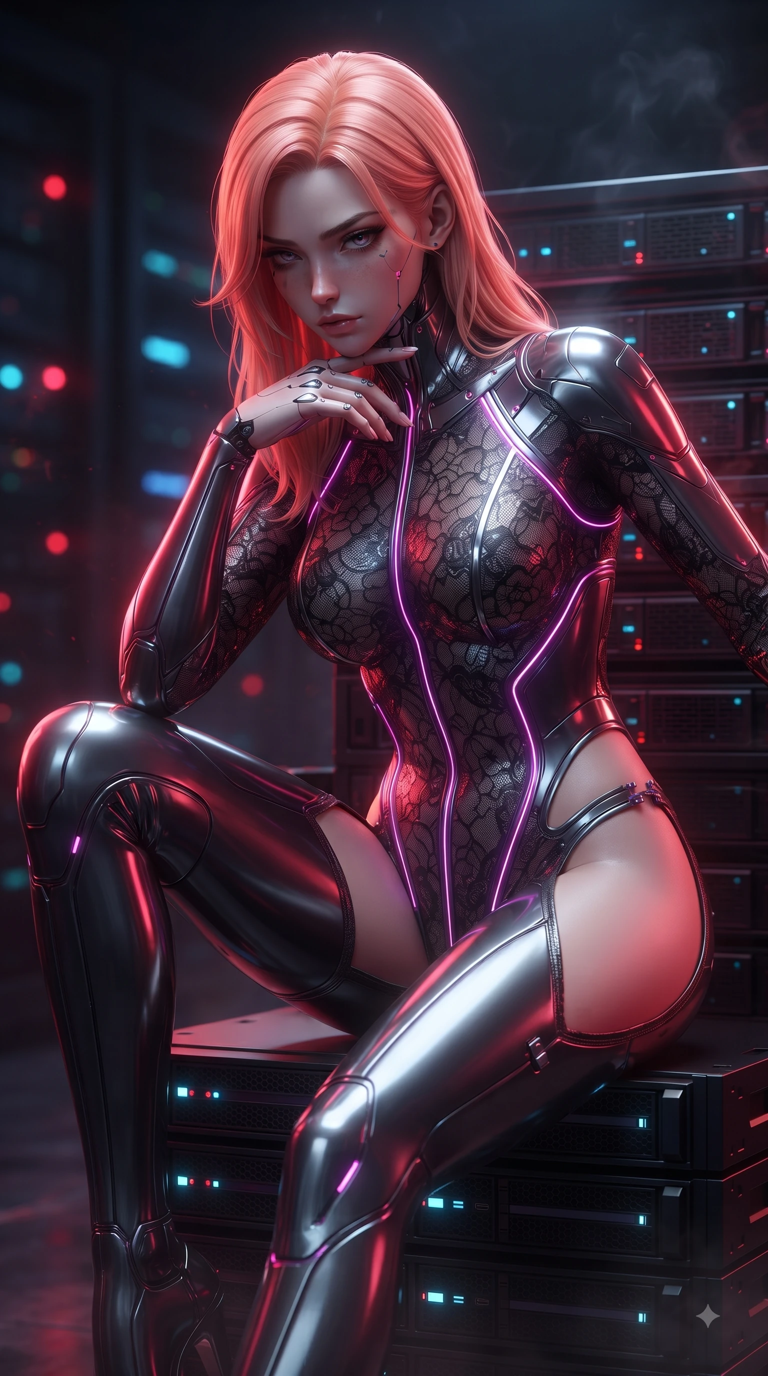 score_9, masterpiece, best quality, ultra-detailed, high-budget anime keyframe, editorial fashion photography, tasteful artistic composition, Japanese woman. close-up cowboy shot from the waist and thighs up, the character dominates the composition, filling the frame with her large presence. resting her fingers lightly against her throat while looking down with a smoldering, haughty yet intensely captivating glance while leaning forward on a throne of server racks with a dangerous smolder resting her elbow on her knee. The composition keeps background elements in soft focus with creamy bokeh. glowing neon indicators and electronic smoke blurring into a dramatic dark backdrop. She has an exceptionally elegant, slender, and willowy female figure with an ultra-slim waist, a gracefully sculpted slender torso, and a refined silhouette. sharp v-shaped jawline, high-bridge nose, intricate jewel-like eyes with depth, thick eyelashes, glossy lips with a natural sheen, flawlessly proportioned anatomical accuracy, natural body alignment, perfectly sculpted elegant limbs, clean dynamic posture without body distortion. wearing a skin-tight cybernetic bodysuit with glowing neon seams, deep hip cutouts, and an aerodynamic athletic fit in chromatic platinum and blazing neon magenta, crafted from delicate dark lace interwoven with luminescent micro-fibers, finished with an ultra-high side slit secured by miniature magnetic clasps, the glove-like fit tightly following every curve of her statuesque athletic build. illuminated by deep ruby red ambient glow and crisp silver specular highlights. ultra-reflective glossy finish, specular highlights, metallic sheen, high-contrast stereoscopic depth, volumetric dynamic lighting, 2k, ultra detail, master piece, 9:16 ratio