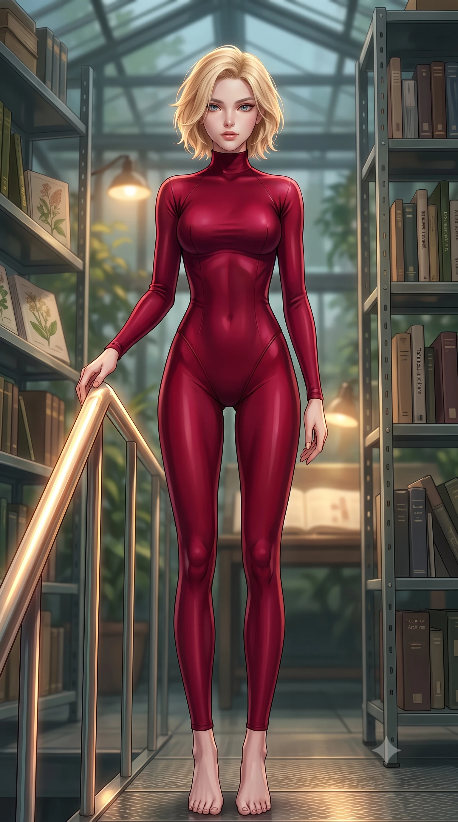 score_9, masterpiece, best quality, ultra-detailed, high-budget anime keyframe, editorial fashion photography, tasteful artistic composition, Caucasian woman. low angle full-body shot from head to toe showing her feet, filling the entire 9:16 vertical frame with her statuesque presence, stretching her vertical silhouette. standing in a tall, confident posture with one hand on a glowing metal railing, stretching her statuesque body, the background shows a soft-focus a greenhouse library room with metal shelves, manuals, and technical archives. She has an absolutely perfect, statuesque 8.5-heads proportion, an exceptionally tall and slender model-like female figure with impossibly long slender legs and an ultra-slim waist. sharp v-shaped jawline, high-bridge nose, intricate jewel-like eyes with depth, thick eyelashes, glossy lips with a natural sheen. wearing a form-contouring form-contouring high-neck bodycon suit in deep crimson, contouring her athletic build like a second skin. soft warm reading lights creating a quiet, focused, and meditative mood. highly saturated vibrant anime colors, detailed shading with soft gradients, rich glossy textures, high-contrast stereoscopic depth, volumetric dynamic lighting, master piece, 9:16 ratio