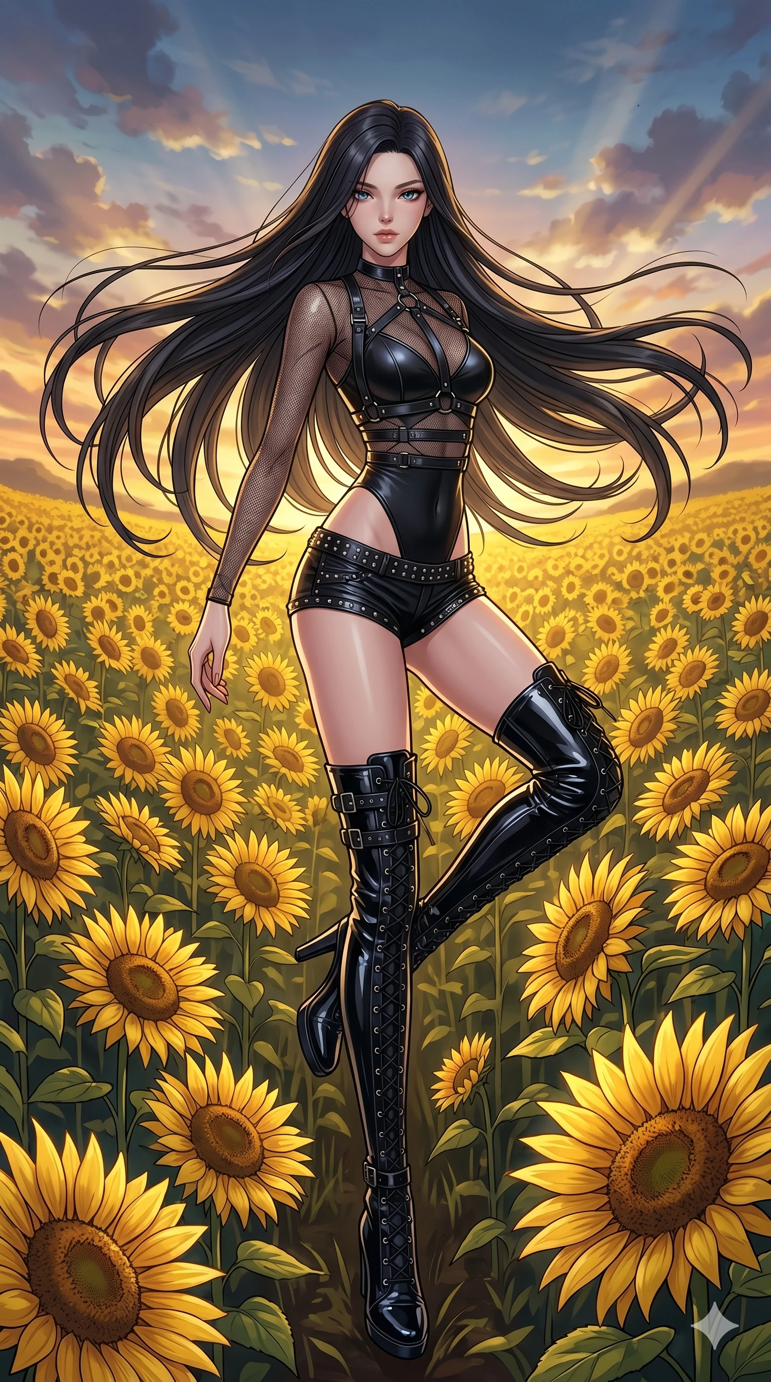 score_9, masterpiece, best quality, ultra-detailed, high-budget anime movie keyframe, cinematic anime lighting, intricate line art, Japanese woman. Dynamic full-body shot stretching the vertical silhouette with extreme perspective. spinning in a field of sunflowers that all sway in time with her. She has an absolutely perfect 8-heads proportion, an exceptionally tall and slender female figure with an ultra-slim waist and impossibly long slender legs. strictly human anatomy, two legs only, no extra limbs, clearly defined legs and arms, perfect anatomy, perfect hands and fingers. sharp v-shaped jawline, high-bridge nose, intricate jewel-like eyes, thick eyelashes, glossy lips. Wearing K-Idol Stage: Leather harness over mesh, high-cut bodysuit, studded micro-shorts, and thigh-high patent boots. The scene is illuminated by dramatic atmospheric lighting and vibrant color palettes. , 2k, ultra detail, master piece, 9:16 ratio