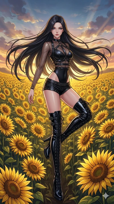 score_9, masterpiece, best quality, ultra-detailed, high-budget anime movie keyframe, cinematic anime lighting, intricate line art, Japanese woman. Dynamic full-body shot stretching the vertical silhouette with extreme perspective. spinning in a fiel