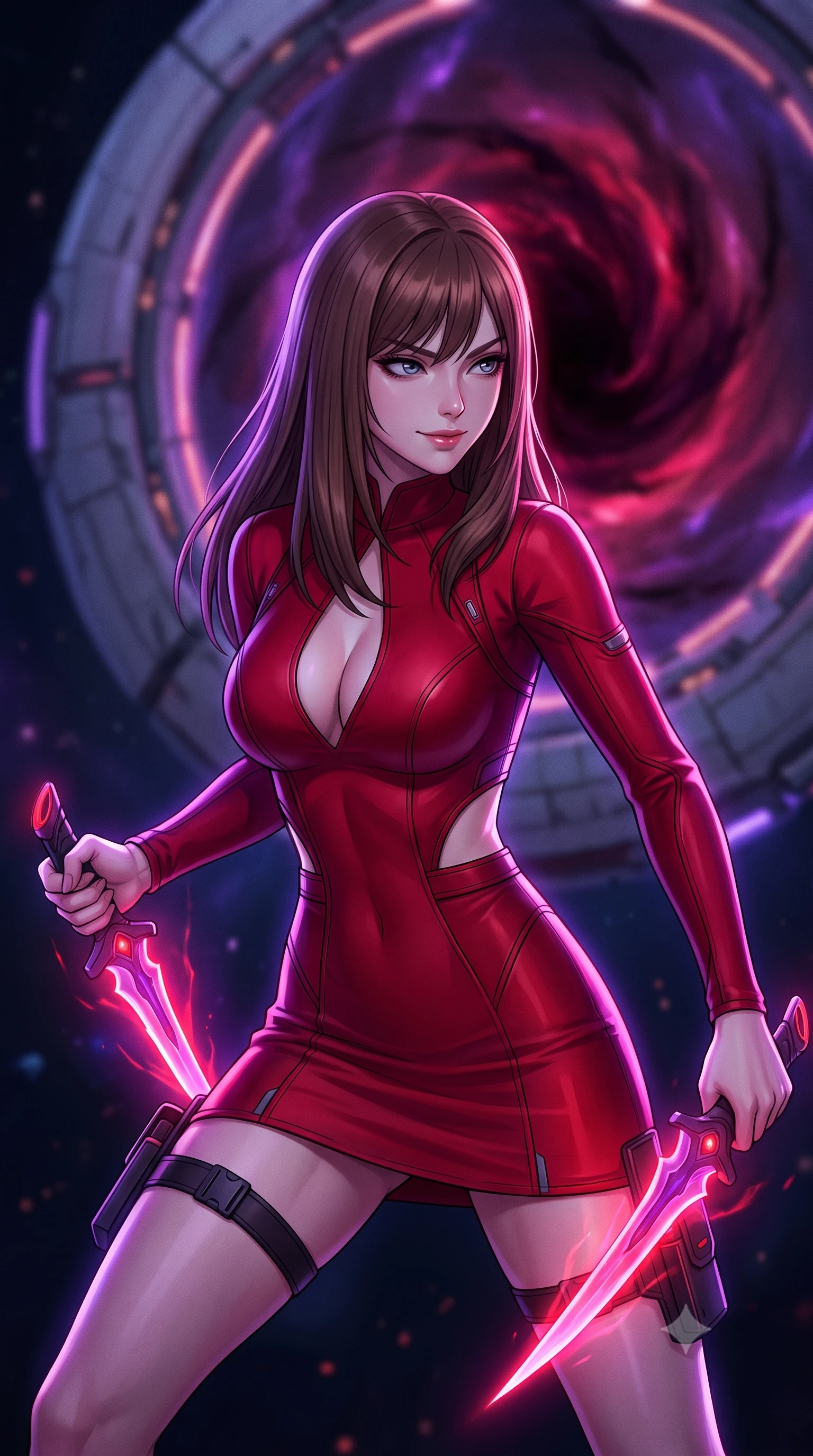 score_9, masterpiece, best quality, ultra-detailed, high-budget anime keyframe, editorial fashion photography, tasteful artistic composition, Korean woman. close-up cowboy shot from the waist and thighs up, the character dominates the composition, filling the frame with her large presence, background elements kept in soft focus. Drawing a twin set of energy daggers with a quiet, menacing smile and a sharp sidelong glare. set against a soft-focus background of a colossal alien ring structure floating in space, the center filled with a swirling vortex of dark energy. She has an exceptionally elegant and slender, willowy female figure with an ultra-slim waist, a gracefully sculpted slender torso, and a refined slim physique. sharp v-shaped jawline, high-bridge nose, intricate jewel-like eyes with depth, thick eyelashes, glossy lips with a natural sheen. wearing tailored for maximum mobility, sleek form-contouring panels that allow fluid movement, a slim-fit bodycon tech-wear mini dress in crimson red, featuring double waist cutouts and a plunging keyhole neckline. highly saturated vibrant anime colors, intense vivid color palette, soft 3D volumetric shading, volumetric dynamic lighting, eerie violet glow from the vortex casting key lights and deep shadows. 2k, ultra detail, master piece, 9:16 ratio