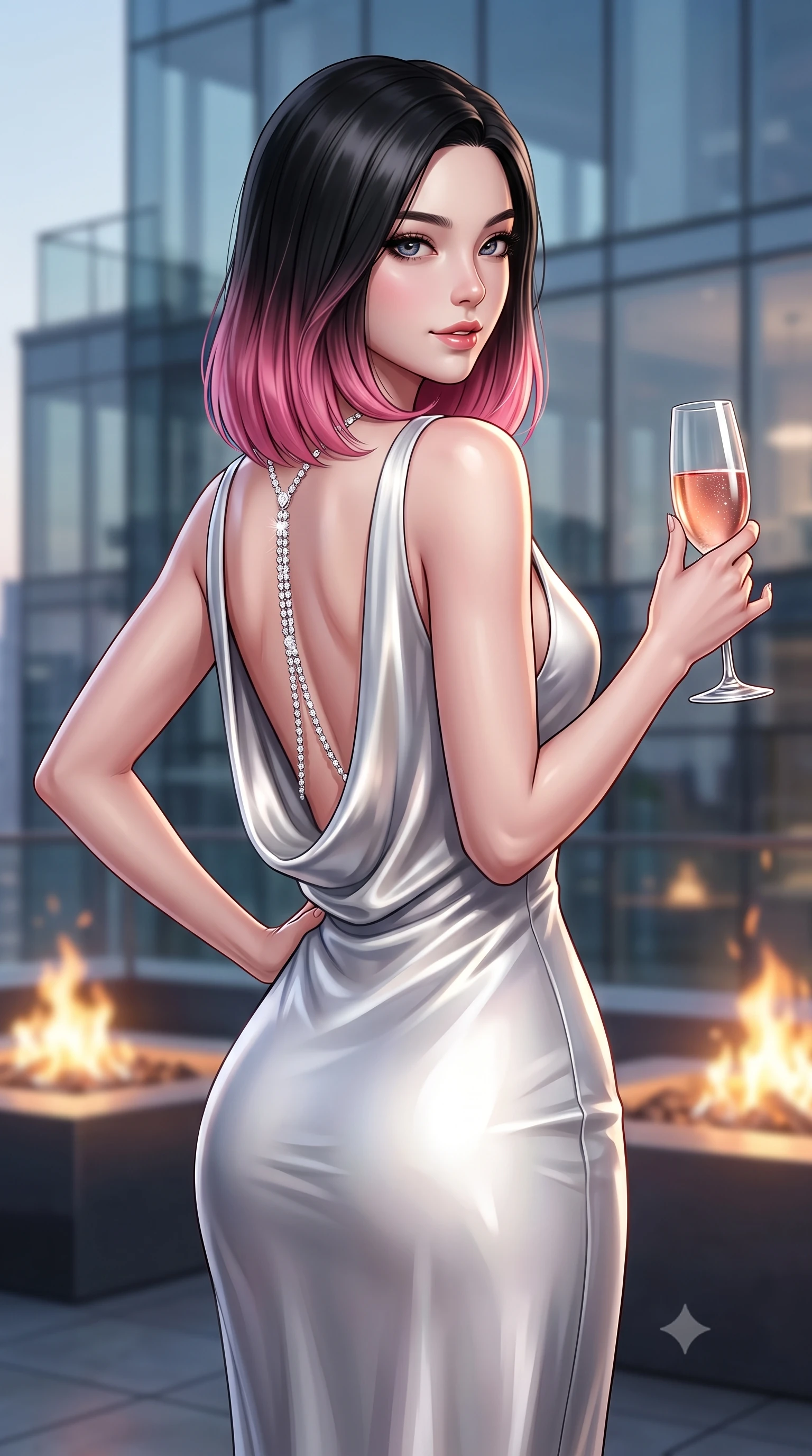 score_9, masterpiece, best quality, ultra-detailed, high-budget anime keyframe, semi-realistic 3D game render, editorial fashion photography, tasteful artistic composition, Korean woman. close-up cowboy shot from the waist and thighs up, the character dominates the composition, filling the frame with her large presence. smiling with subtle, enchanting allure and glossy parted lips, one hand resting on her waist with effortless supermodel poise while holding a chilled glass of vintage rosé, casting a smoldering, confident gaze over her shoulder into the lens. The composition keeps background elements in soft focus with creamy bokeh. penthouse glass architecture and glowing rooftop fire pits softened in cinematic shallow depth of field. She has an exceptionally elegant, slender, and willowy female figure with an ultra-slim waist, a gracefully sculpted slender torso, toned flat midriff, and a refined slim silhouette. sharp v-shaped jawline, high-bridge nose, intricate jewel-like eyes with depth, thick eyelashes, glossy lips with a natural sheen, captivating and magnetic expression, flawlessly proportioned anatomical accuracy, strict slender model proportions, natural body alignment, perfectly sculpted long slender limbs, ultra-slim waistline, clean dynamic posture without body distortion. wearing a liquid jersey evening slip dress with a draped cowl back swooping down to her waist in shimmering silver mercury and pearl white, tailored from liquid silk jersey adhering flawlessly to her slender build, accented with a glittering diamond back chain tracing her bare spine, the breezy yet form-flattering drape swaying gracefully with her steps, accentuating her long willowy limbs and slim waistline. surrounded by a cosmopolitan, elite, and intensely magnetic modern royalty aura. highly saturated vibrant anime colors, detailed shading with soft gradients, rich glossy textures, high-contrast stereoscopic depth, volumetric dynamic lighting, master piece, 9:16 ratio