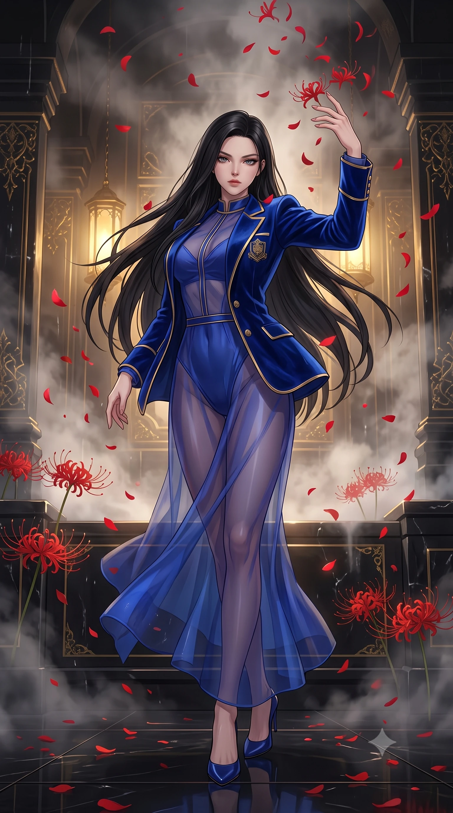 score_9, masterpiece, best quality, ultra-detailed, High-budget Anime Keyframe, East Asian woman. Low angle cowboy shot filling the entire 9:16 frame with her statuesque presence. Scenario 418: dancing amidst falling red spider lilies inside a steam-filled bathhouse built of black obsidian stone and gold accents. Her presence is magnetic and overpowering in this high-budget anime scene. Outfit 418: a body-hugging cobalt blue sheer organza bodysuit layered under a structured velvet blazer. The clothing is designed to emphasize her exceptionally tall and slender 8-heads proportion. 8-heads proportion, towering silhouette, ultra-slim waist. sharp v-shaped jawline, intricate jewel-like eyes with depth, thick eyelashes, glossy lips. 2k, ultra detail, master piece, 9:16 ratio