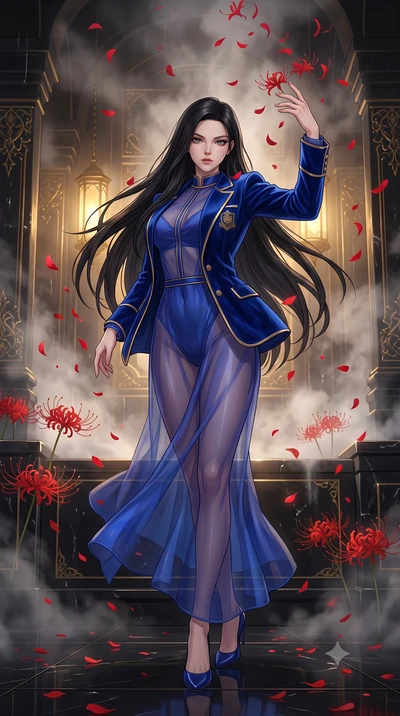 score_9, masterpiece, best quality, ultra-detailed, High-budget Anime Keyframe, East Asian woman. Low angle cowboy shot filling the entire 9:16 frame with her statuesque presence. Scenario 418: dancing amidst falling red spider lilies inside a steam-