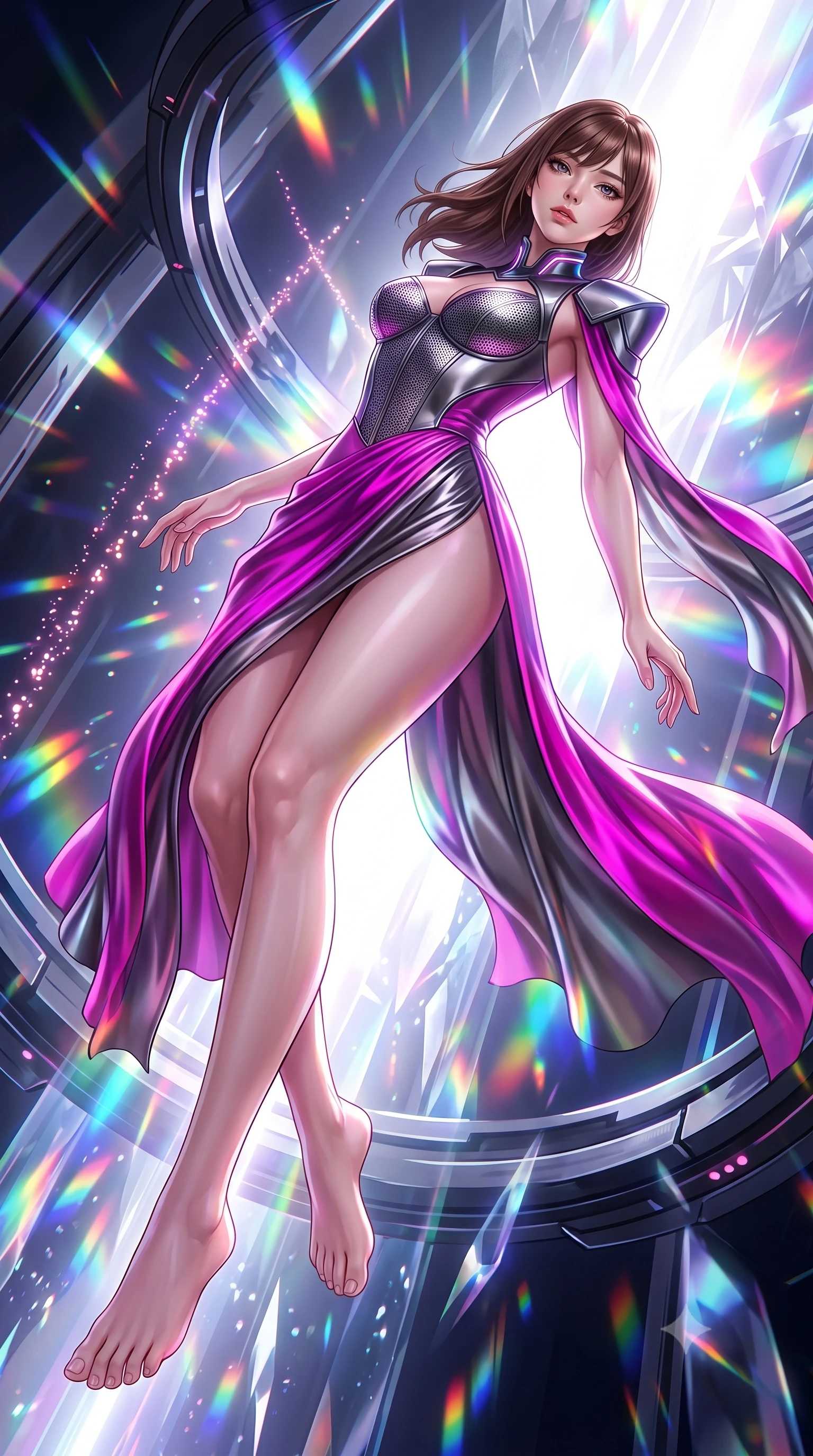 score_9, masterpiece, best quality, ultra-detailed, high-budget anime keyframe, semi-realistic 3D game render, editorial fashion photography, tasteful artistic composition, Korean woman. low angle full-body shot from head to toe showing her feet, filling the entire 9:16 vertical frame with her statuesque presence, stretching her vertical silhouette. arching her spine in a fluid zero-gravity turn with sovereign grace, her long slender legs and sculpted torso creating a sweeping line while drifting gracefully along a crystalline energy conduit as bursts of rainbow subatomic particles illuminate her contour. The surrounding environment is rendered in vivid detail and crisp panoramic clarity. sharp magnetic ring mechanical seams, distinct glowing particle trails, and crystalline conduit facets in deep focus. She has an absolutely perfect, statuesque 8.5-heads proportion, an exceptionally tall and slender model-like female figure with impossibly long slender legs, a toned flat midriff, and an ultra-slim waist. sharp v-shaped jawline, high-bridge nose, intricate jewel-like eyes with depth, thick eyelashes, glossy lips with a natural sheen, flawlessly proportioned anatomical accuracy, strict slender model proportions, natural body alignment, perfectly sculpted long slender limbs, ultra-slim waistline, clean dynamic posture without body distortion. wearing a structured titanium-mesh bustier with geometric shoulder pauldrons and an ultra-slender liquid jersey drape in vibrant electric magenta and ultra-reflective dark titanium, made of smooth flowing silk chiffon that shifts colors with movement, featuring a sleek aerodynamic collar framed by subtle glowing cybernetic accents, the liquid-tight tailored fabric emphasizing every curve of her tall, slender model proportions and sculptured silhouette during dynamic movement. bathed in brilliant white-hot warp core radiance and saturated rainbow particle prism refractions. rich saturated anime colors with glowing neon highlights, detailed shading with soft gradients, rich glossy textures, high-contrast stereoscopic depth, volumetric dynamic lighting, master piece, 9:16 ratio