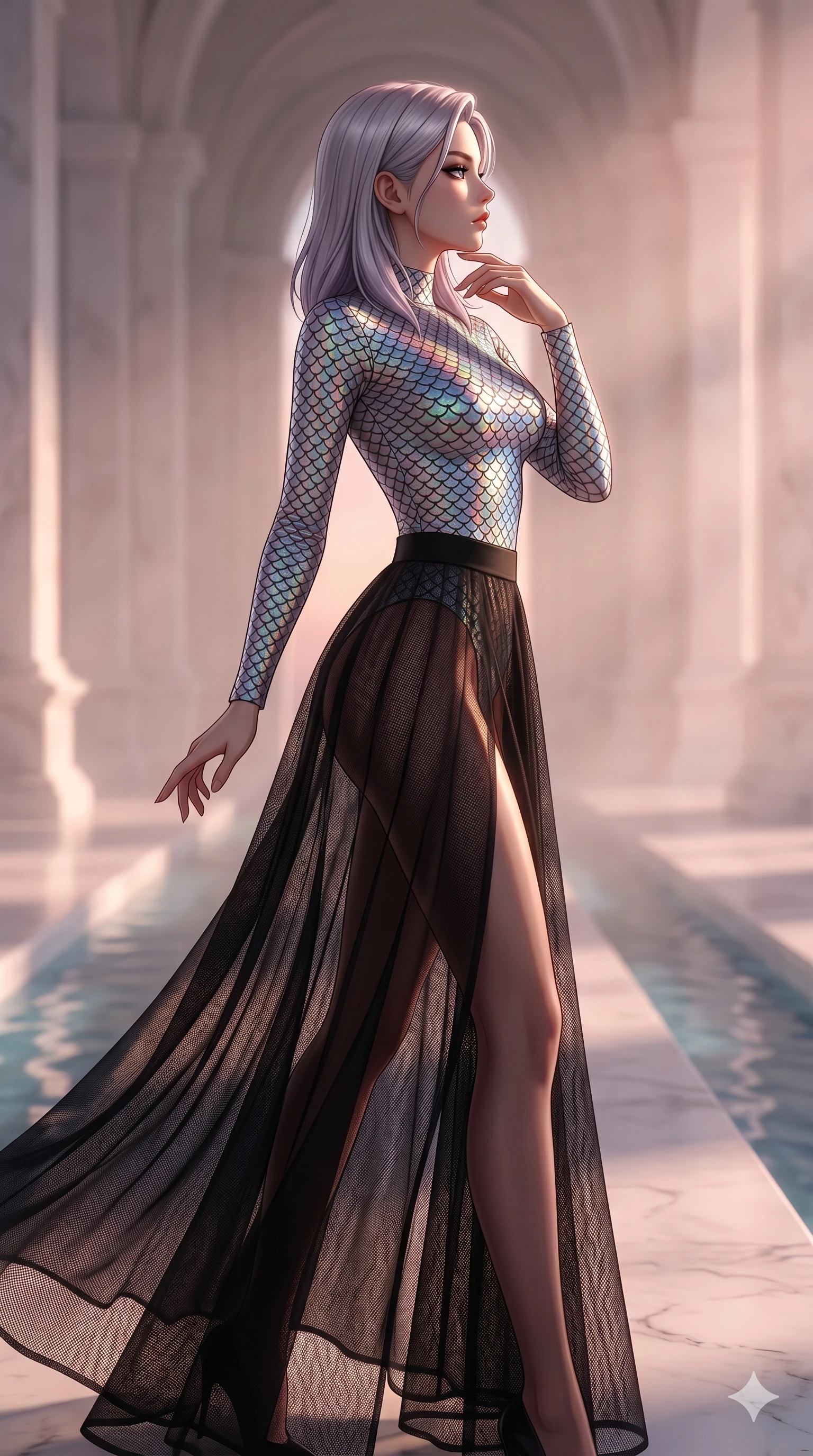 score_9, masterpiece, best quality, ultra-detailed, high-budget anime keyframe, editorial fashion photography, tasteful artistic composition, Caucasian woman, strictly human ears. cowboy shot from the thighs up, character and outfit filling the frame for maximum editorial presence. Turning her face in sharp dramatic profile against the light inside a palace of polished white stone with water channels flowing along the floors. She has an absolutely perfect 8-heads proportion, an exceptionally tall and slender female figure with impossibly long slender legs and an ultra-slim waist. V-shaped jawline, high-bridge nose, intricate jewel-like eyes with depth, thick eyelashes, glossy lips with a natural sheen. wearing a long-sleeve holographic bodysuit with a scale pattern, worn under a long black mesh skirt with a high-waist waistband. bathed in soft rose-gold dawn light filtering through atmospheric volumetric fog that wraps her silhouette. 2k, ultra detail, master piece, 9:16 ratio
