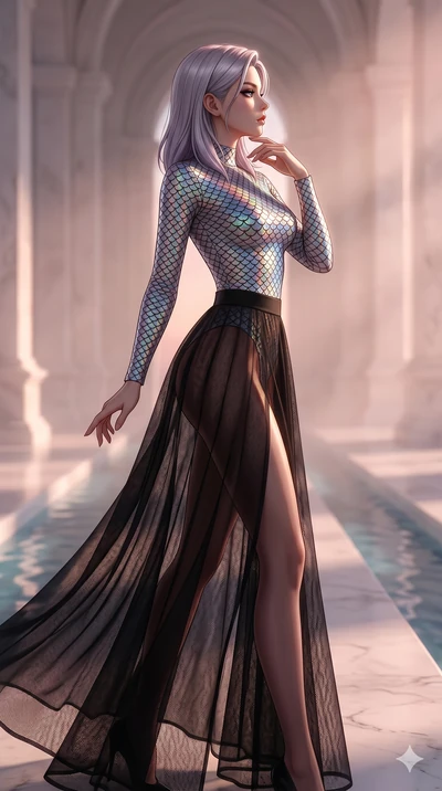 score_9, masterpiece, best quality, ultra-detailed, high-budget anime keyframe, editorial fashion photography, tasteful artistic composition, Caucasian woman, strictly human ears. cowboy shot from the thighs up, character and outfit filling the frame