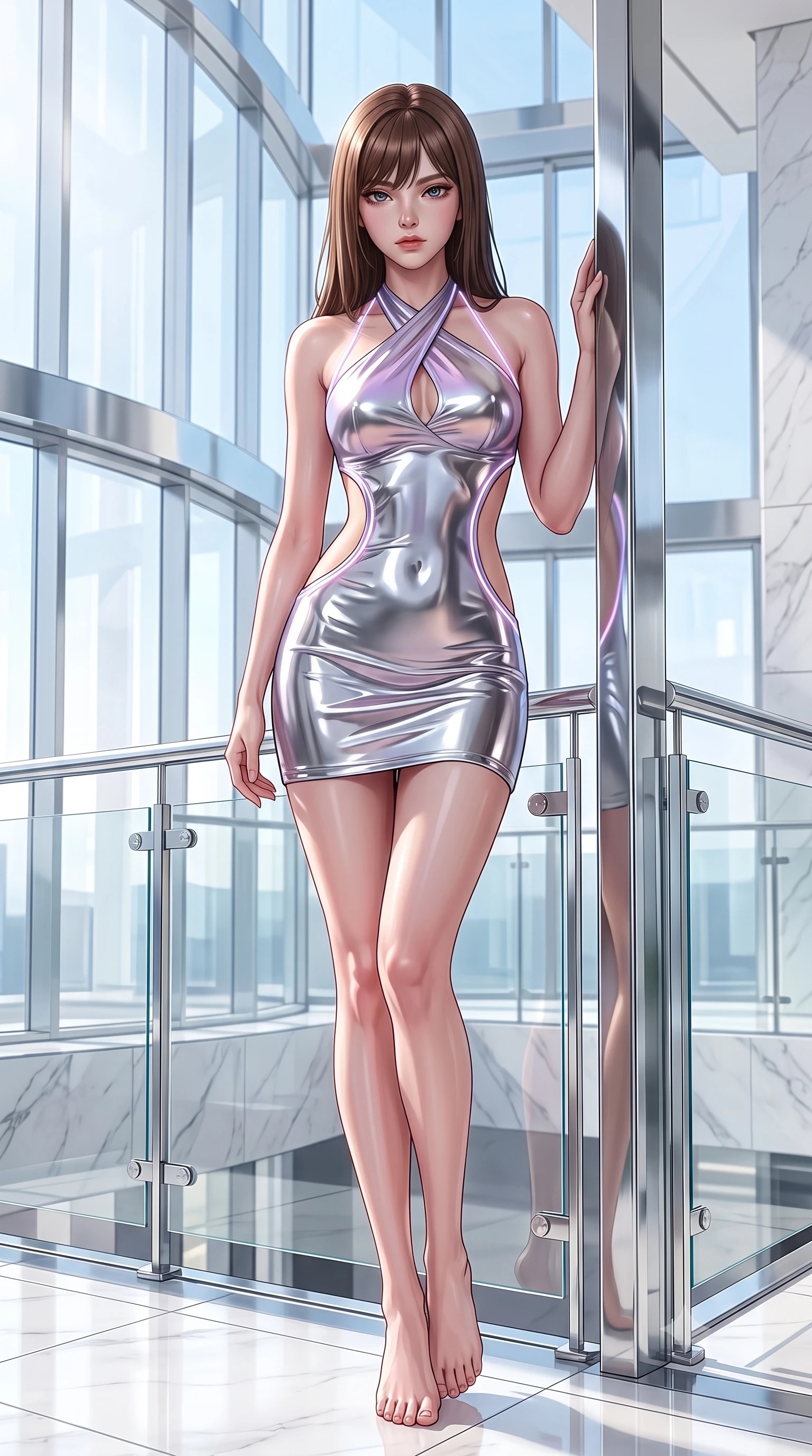 score_9, masterpiece, best quality, ultra-detailed, high-budget anime keyframe, semi-realistic 3D game render, editorial fashion photography, tasteful artistic composition, Korean woman. low angle full-body shot from head to toe showing her feet, filling the entire 9:16 vertical frame with her statuesque presence, stretching her vertical silhouette. pivoting dynamically in mid-motion with a breathtakingly alluring posture, displaying her flawless model proportions and ultra-slim waist while leaning against a polished chrome architectural column with a confident, smoldering editorial gaze. The surrounding environment is rendered in vivid detail and crisp panoramic clarity. crisp architectural white marble seams, polished chrome fixtures, and crystal glass railings in deep focus. She has an absolutely perfect, statuesque 8.5-heads proportion, an exceptionally tall and slender model-like female figure with impossibly long slender legs, a toned flat midriff, and an ultra-slim waist. sharp v-shaped jawline, high-bridge nose, intricate jewel-like eyes with depth, thick eyelashes, glossy lips with a natural sheen, flawlessly proportioned anatomical accuracy, strict slender model proportions, natural body alignment, perfectly sculpted long slender limbs, ultra-slim waistline, clean dynamic posture without body distortion. wearing a molten silver liquid-metal mini dress featuring deep side-waist cutouts and a daring crossover halter neckline in luminous lavender violet and rose gold, formed from high-gloss patent material with specular light reflections, accented with glowing fiber-optic seams tracing her collarbones and hip curves, the sleek second-skin cut tightly hugging her graceful clavicle, narrow waist, and feminine curves with athletic precision. bathed in bright, clean high-key natural sunlight flooding through panoramic glass walls. highly saturated vibrant anime colors, detailed shading with soft gradients, rich glossy textures, high-contrast stereoscopic depth, volumetric dynamic lighting, master piece, 9:16 ratio