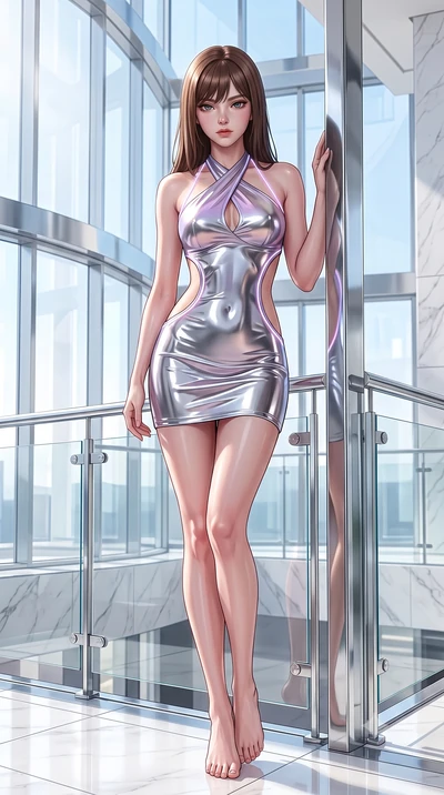 score_9, masterpiece, best quality, ultra-detailed, high-budget anime keyframe, semi-realistic 3D game render, editorial fashion photography, tasteful artistic composition, Korean woman. low angle full-body shot from head to toe showing her feet, fil
