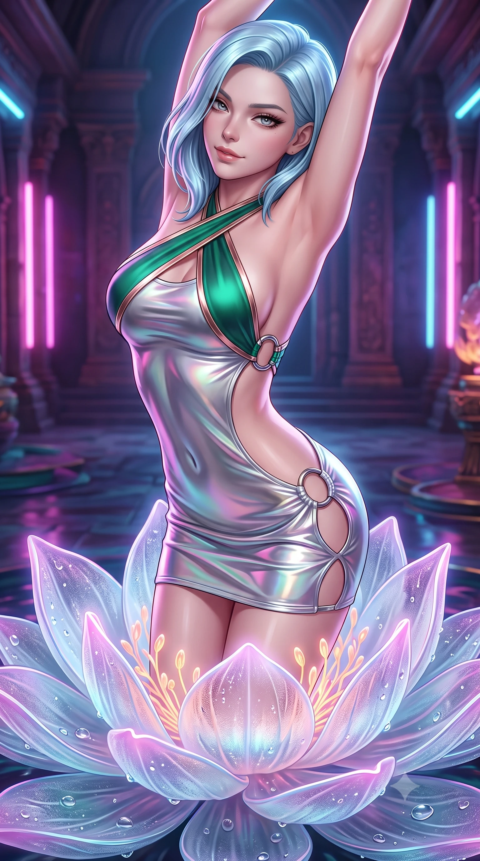 score_9, masterpiece, best quality, ultra-detailed, high-budget anime keyframe, semi-realistic 3D game render, editorial fashion photography, tasteful artistic composition, Korean woman. close-up cowboy shot from the waist and thighs up, the character dominates the composition, filling the frame with her large presence. stretching forward with an alluring arch of her spine, glancing over her shoulder with thick eyelashes and a smoldering half-smile while rising with sovereign elegance from the center of a blooming neon-lit glass lotus flower. The surrounding environment is rendered in vivid detail and crisp panoramic clarity. intricate frosted glass petal textures, water droplet ripples, and glowing floral stamens in deep focus. She has an exceptionally elegant, slender, and willowy female figure with an ultra-slim waist, a gracefully sculpted slender torso, and a refined silhouette. sharp v-shaped jawline, high-bridge nose, intricate jewel-like eyes with depth, thick eyelashes, glossy lips with a natural sheen, flawlessly proportioned anatomical accuracy, natural body alignment, perfectly sculpted elegant limbs, clean dynamic posture without body distortion. wearing a molten silver liquid-metal mini dress featuring deep side-waist cutouts and a daring crossover halter neckline in emerald green and metallic rose gold trim, made of smooth iridescent silk chiffon that shifts colors with movement, detailed with polished silver rings connecting the daring side-waist cutouts, the glove-like fit tightly following every curve of her statuesque athletic build. surrounded by an ethereal, sacred, and intensely seductive temple ambiance. highly saturated vibrant anime colors, detailed shading with soft gradients, rich glossy textures, high-contrast stereoscopic depth, volumetric dynamic lighting, master piece, 9:16 ratio