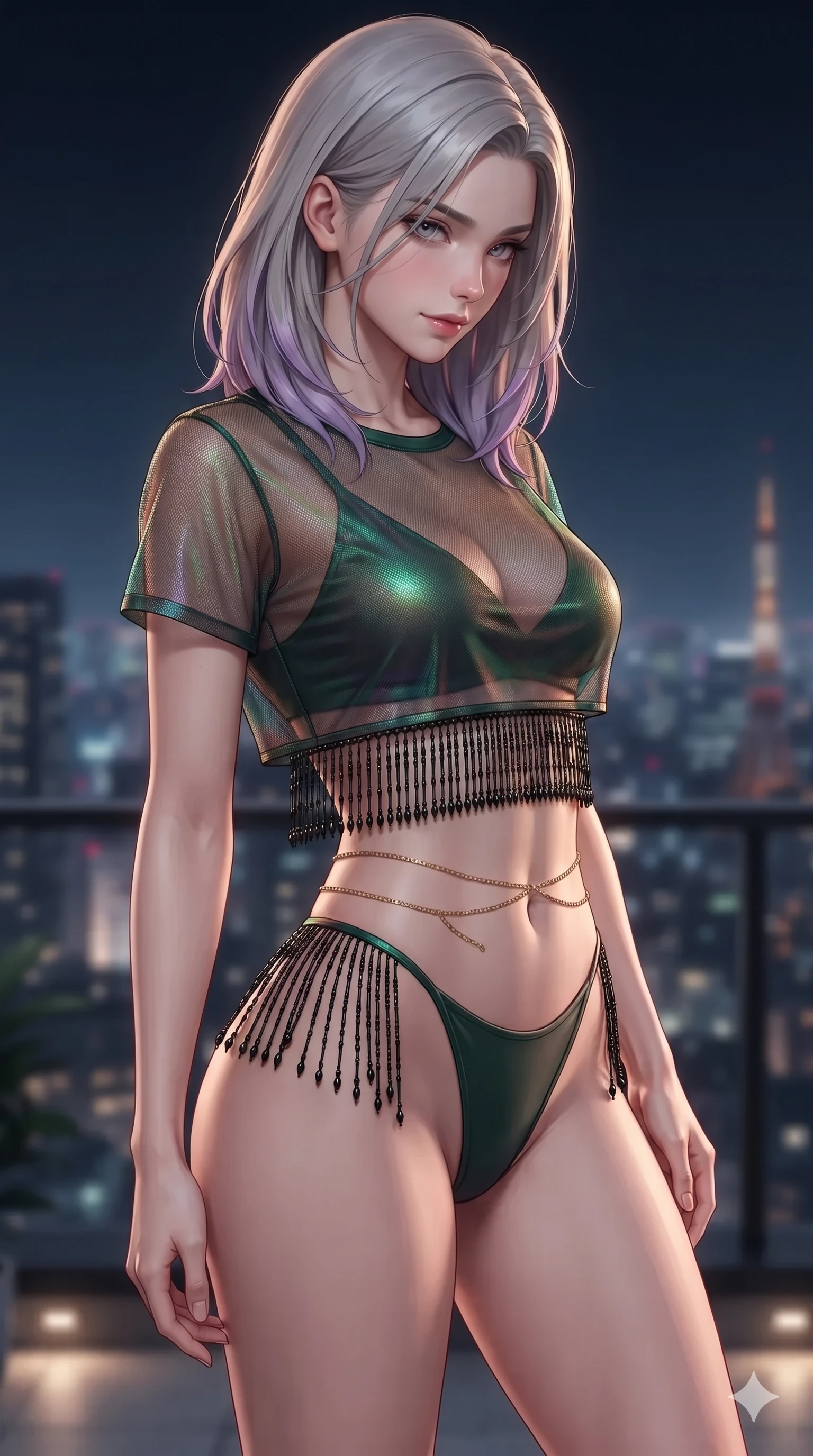 score_9, masterpiece, best quality, ultra-detailed, high-budget anime keyframe, editorial fashion photography, tasteful artistic composition, Caucasian woman. close-up cowboy shot from the waist and thighs up, the character dominates the composition, filling the frame with her large presence. glancing down over lowered lashes before meeting the camera with quiet, devastating intensity, her tailored outfit tracing her ultra-slim waist and hips while twisting her slender torso in an alluring contrapposto stance, night breezes fluttering her gown and tracing her narrow waist and curvy hips. The background shows a soft-focus panoramic Tokyo skyline at midnight softened in penthouse rooftop shallow focus. She has an exceptionally elegant, slender, and willowy female figure with an ultra-slim waist, flat toned midriff, narrow ribcage, and sculpted feminine hips creating an alluring, slim hourglass silhouette without bulk. sharp v-shaped jawline, high-bridge nose, intricate jewel-like dark sparkling eyes with dangerous depth, thick curled eyelashes, glossy parted lips with a rich wine sheen, smoldering seductive half-smile with bedroom-eyes, exuding effortless superiority and intoxicating dark allure, flawlessly proportioned anatomical accuracy, strict slender model proportions, natural body alignment, perfectly sculpted long slender limbs, ultra-slim waistline, clean dynamic posture without body distortion. wearing a translucent iridescent mesh swim crop top paired with high-cut string bikini bottoms and gold waist chains in dark emerald green and brushed antique bronze, made of fluid liquid jersey with seamless sculpting hold and smooth contours, accented with fine jet-black beaded tassels that sway with each movement, the high-slit wrap tailoring accentuating her ultra-slim waistline and the enchanting curve of her feminine hips with alluring seductive charm. illuminated by terrace accent uplights and sharp rose-gold rim lights sculpting her razor-sharp jawline, narrow waist, and curvy hips. ultra-reflective glossy finish, specular highlights, rich textural contrasts, high-contrast stereoscopic depth, volumetric dynamic lighting, 2k, ultra detail, master piece, 9:16 ratio