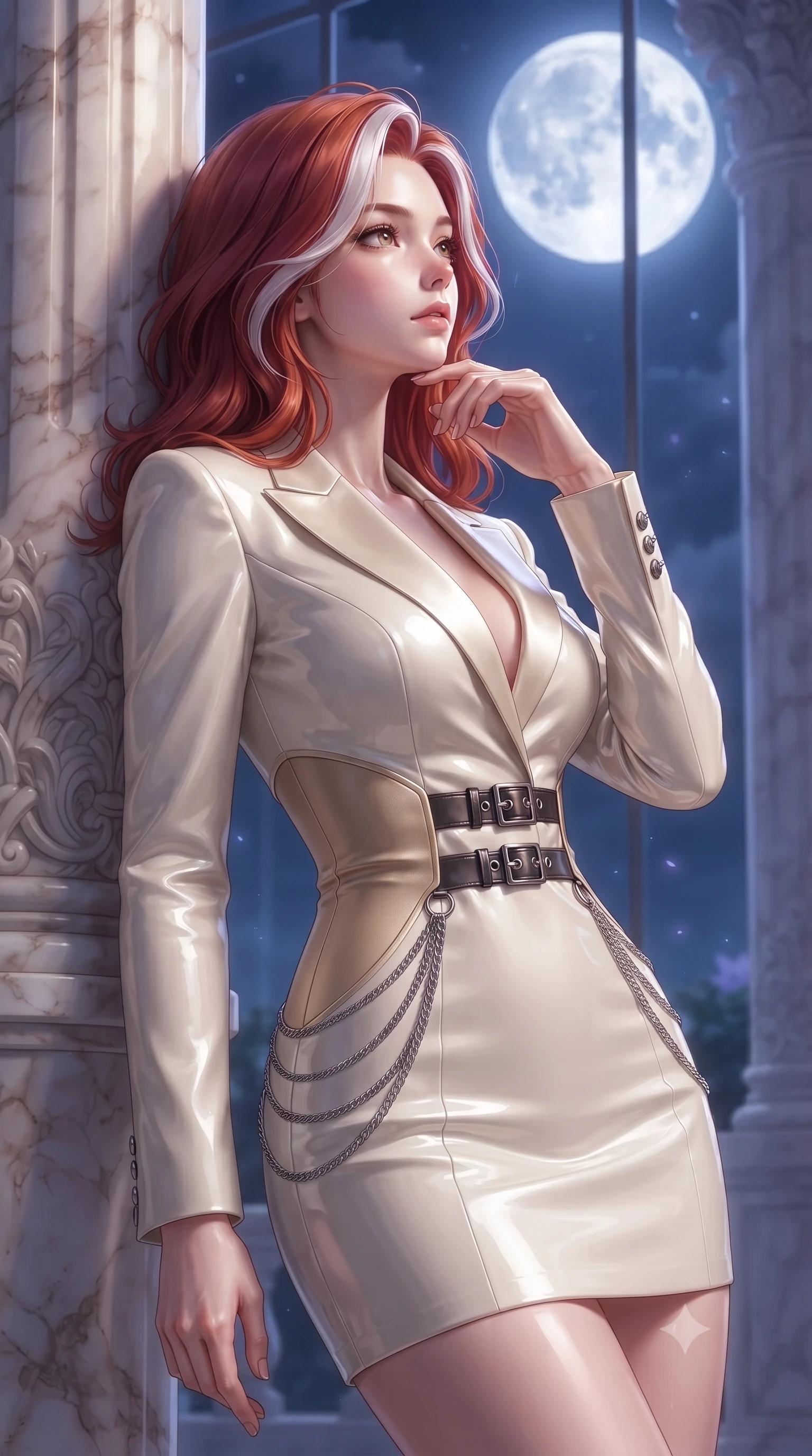 score_9, masterpiece, best quality, ultra-detailed, high-budget anime keyframe, editorial fashion photography, tasteful artistic composition, Caucasian woman. close-up cowboy shot from the waist and thighs up, the character dominates the composition, filling the frame with her large presence, background elements kept in soft focus. Resting her chin on the backs of her fingers with an air of effortless superiority, resting against a carved marble column looking up at a full moon through glass, dramatic open-waist cutout gown emphasizing her ultra-slim waist. She has an exceptionally elegant, slender, and willowy female figure with an ultra-slim waist, a gracefully sculpted slender torso, and a refined silhouette. sharp v-shaped jawline, high-bridge nose, intricate jewel-like eyes with depth, thick eyelashes, glossy lips with a natural sheen. wearing tailored ivory tux dress with satin lapels and fitted waist in champagne gold, made of high-gloss liquid vinyl, framed by dark titanium buckles and silver chain details, sculpting her athletic slender build with refined precision. bathed in subtle lotus bioluminescence and bright marble highlights. highly saturated vibrant anime colors, detailed shading with soft gradients, rich glossy textures, high-contrast stereoscopic depth, volumetric dynamic lighting, master piece, 9:16 ratio
