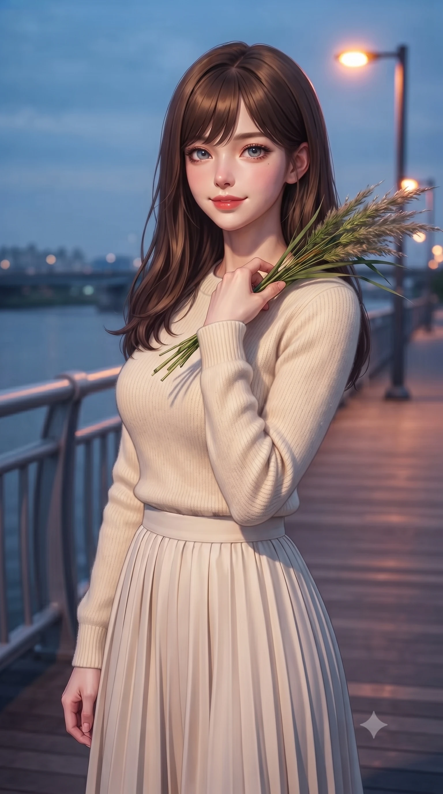 score_9, masterpiece, best quality, ultra-detailed, high-budget anime keyframe, editorial fashion photography, tasteful artistic composition, Korean woman. close-up cowboy shot from the waist and thighs up, the character dominates the composition, filling the frame with her large presence, background elements kept in soft focus. flashing a sweet yet sultry smile, holding her hand near her shoulder in a poised gesture set against a soft-focus background of walking along a modern riverside boardwalk with metal railings holding a bunch of fresh river reeds with a happy, cute expression. She has an exceptionally elegant, slender, and willowy female figure with an ultra-slim waist, a gracefully sculpted slender torso, and a refined silhouette. sharp v-shaped jawline, high-bridge nose, intricate jewel-like eyes with depth, thick eyelashes, glossy lips with a natural sheen. wearing slim-fit cozy knit sweater in cream, paired with a flowy pleated midi skirt. cool twilight sky glow contrasting with the warm orange light of streetlamps. highly saturated vibrant anime colors, detailed shading with soft gradients, rich glossy textures, high-contrast stereoscopic depth, volumetric dynamic lighting, master piece, 9:16 ratio