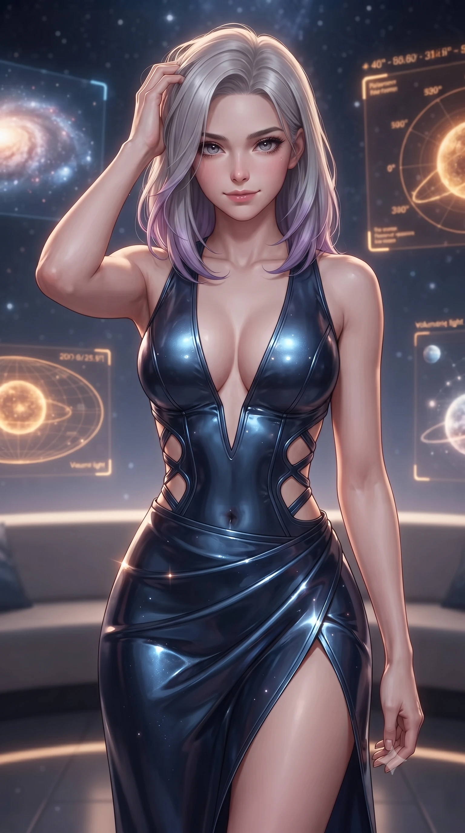 score_9, masterpiece, best quality, ultra-detailed, high-budget anime keyframe, editorial fashion photography, tasteful artistic composition, Caucasian woman. close-up cowboy shot from the waist and thighs up, the character dominates the composition, filling the frame with her large presence, background elements kept in soft focus. slowly running a hand through her hair, smiling with quiet, magnetic self-assurance directly into the camera, the background shows a soft-focus a planetarium lounge with floating holograms showing glowing galaxy maps. She has an exceptionally elegant, slender, and willowy female figure with an ultra-slim waist, a gracefully sculpted slender torso, and a refined silhouette. sharp v-shaped jawline, high-bridge nose, intricate jewel-like eyes with depth, thick eyelashes, glossy lips with a natural sheen. wearing a body-hugging deep plunging-V neck bodycon armor top, featuring keyhole cutouts along the ribs and a thigh-slit wrap skirt. soft starlight and the warm amber glow of planetary coordinate holograms. ultra-reflective glossy finish, specular highlights, metallic sheen, high-contrast stereoscopic depth, volumetric dynamic lighting, 2k, ultra detail, master piece, 9:16 ratio