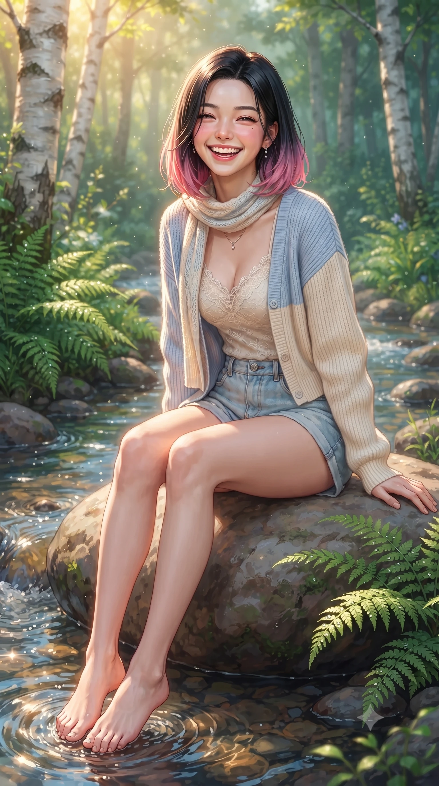 score_9, masterpiece, best quality, ultra-detailed, high-budget anime keyframe, editorial fashion photography, tasteful artistic composition, Korean woman. close-up cowboy shot from the waist and thighs up, the character dominates the composition, filling the frame with her large presence. laughing cheerfully with genuine delight, eyes crinkling sweetly as natural golden sunlight illuminates her glowing cheeks while sitting on a smooth river stone dangling her bare feet near the sparkling water, smiling sweetly into the lens. The surrounding environment is rendered in vivid detail and crisp panoramic clarity. distinct white birch bark textures, dewdrops on emerald fern fronds, and crystal stream ripples in deep focus. She has an exceptionally elegant, slender, and willowy female figure with an ultra-slim waist, a gracefully sculpted slender torso, toned flat midriff, and a refined slim silhouette. sharp v-shaped jawline, high-bridge nose, intricate jewel-like eyes with depth, thick eyelashes, glossy lips with a natural sheen, pure and lovely fresh girlhood expression, flawlessly proportioned anatomical accuracy, strict slender model proportions, natural body alignment, perfectly sculpted long slender limbs, ultra-slim waistline, clean dynamic posture without body distortion. wearing a soft pastel ribbed knit cardigan worn over a delicate cream lace camisole and light-wash denim shorts in gentle baby blue and cloud white, crafted from smooth fluid silk satin with a natural gentle sheen, finished with a lightweight knitted scarf draped loosely around her neck, the breezy lightweight fabric fluttering softly against her delicate collarbones, narrow waist, and feminine curves. surrounded by a pure, healing, and magically enchanting forest fairy maiden aura. ultra-reflective glossy finish, specular highlights, rich natural textures, high-contrast stereoscopic depth, volumetric dynamic lighting, 2k, ultra detail, master piece, 9:16 ratio