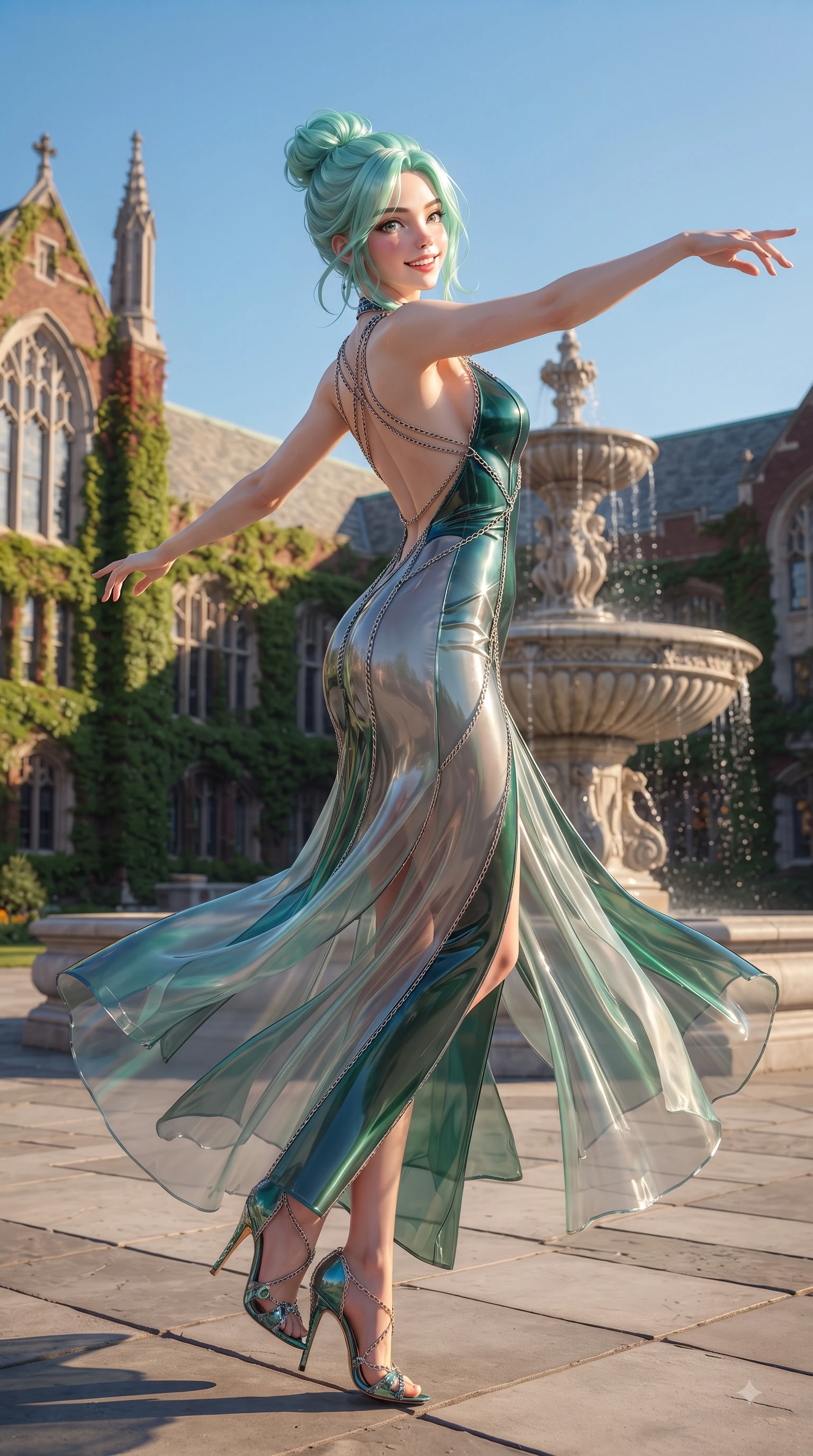 score_9, masterpiece, best quality, ultra-detailed, high-budget anime keyframe, editorial fashion photography, tasteful artistic composition, Japanese woman. low angle full-body shot from head to toe showing her feet, filling the entire 9:16 vertical frame with her statuesque presence, stretching her vertical silhouette. performing a cheerful mid-air rotation with flawless poise, her radiant smile capturing fresh college girlhood energy while leaping playfully with pure youthful energy near a grand campus fountain under a clear blue sky, red-brick Gothic university architecture covered in green ivy reflecting warm sunbeams. She has an absolutely perfect, statuesque 8.5-heads proportion, an exceptionally tall and slender model-like female figure with impossibly long slender legs and an ultra-slim waist. sharp v-shaped jawline, high-bridge nose, intricate jewel-like eyes with depth, thick eyelashes, glossy lips with a natural sheen, flawlessly proportioned anatomical accuracy, natural body alignment, perfectly sculpted elegant limbs, clean dynamic posture without body distortion. wearing a translucent iridescent chiffon gown with a plunging neckline and open back in deep emerald green and silver accent, tailored from high-gloss patent leather, adorned with delicate metallic chain straps along the neckline, the glove-like fit emphasizing her statuesque silhouette during motion. surrounded by an uplifting, youthful university campus ambiance. ultra-reflective glossy finish, specular highlights, metallic sheen, high-contrast stereoscopic depth, volumetric dynamic lighting, 2k, ultra detail, master piece, 9:16 ratio