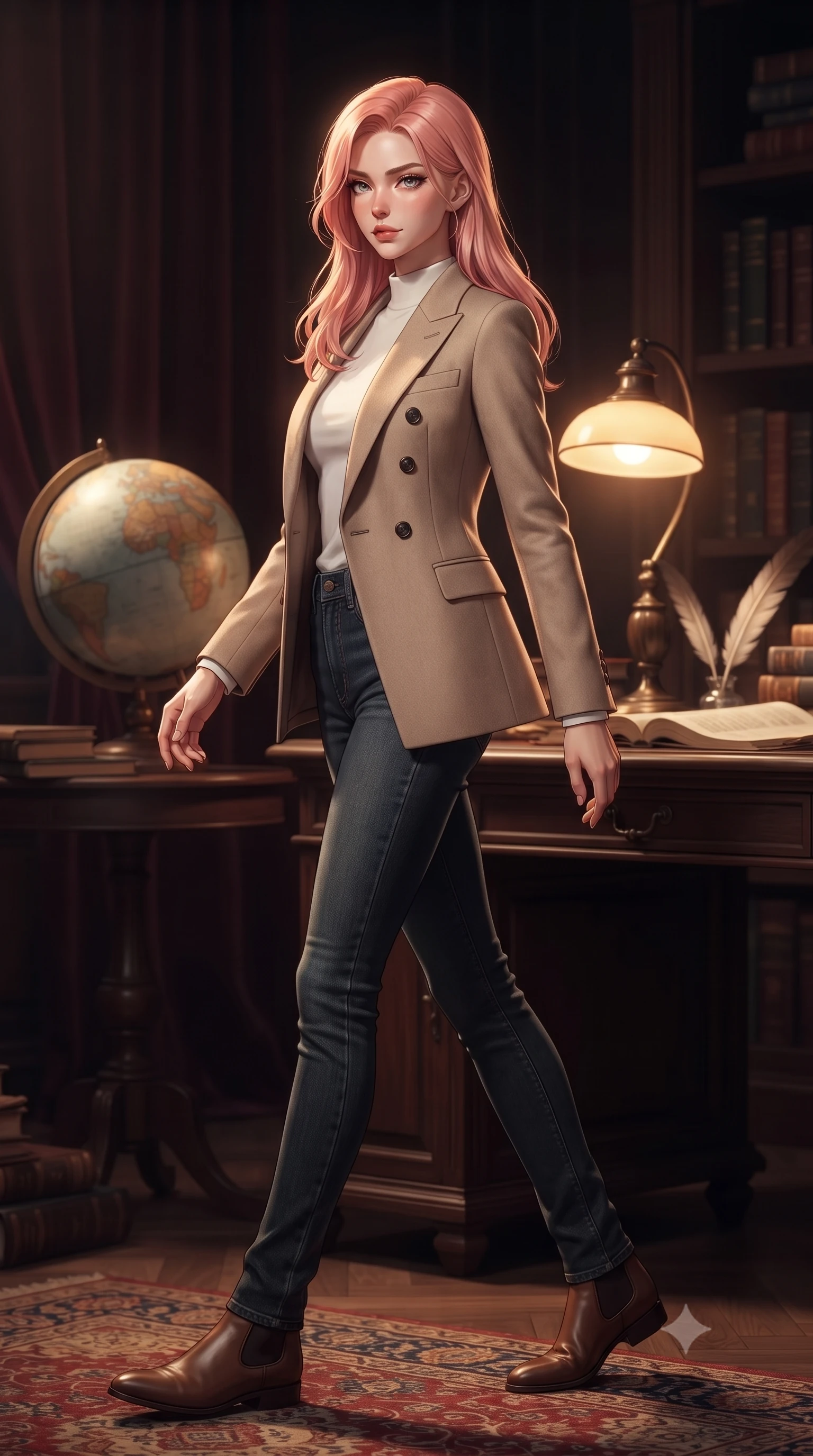 score_9, masterpiece, best quality, ultra-detailed, high-budget anime keyframe, editorial fashion photography, tasteful artistic composition, Japanese woman. low angle full-body shot from head to toe showing her feet, filling the entire 9:16 vertical frame with her statuesque presence, stretching her vertical silhouette. stepping gracefully while looking back over her shoulder, her dress draped tightly to reveal her silhouette the background shows a soft-focus a private velvet study with vintage globe, dark oak desk, and quill manuscripts. She has an absolutely perfect, statuesque 8.5-heads proportion, an exceptionally tall and slender model-like female figure with impossibly long slender legs and an ultra-slim waist. sharp v-shaped jawline, high-bridge nose, intricate jewel-like eyes with depth, thick eyelashes, glossy lips with a natural sheen. wearing a slim-fit tailored double-breasted blazer in sand wool, worn over a white mock-neck tee and denim jeans. warm desk lamp light casting cozy, nostalgic shadows on the oak surface. highly saturated vibrant anime colors, detailed shading with soft gradients, rich glossy textures, high-contrast stereoscopic depth, volumetric dynamic lighting, master piece, 9:16 ratio