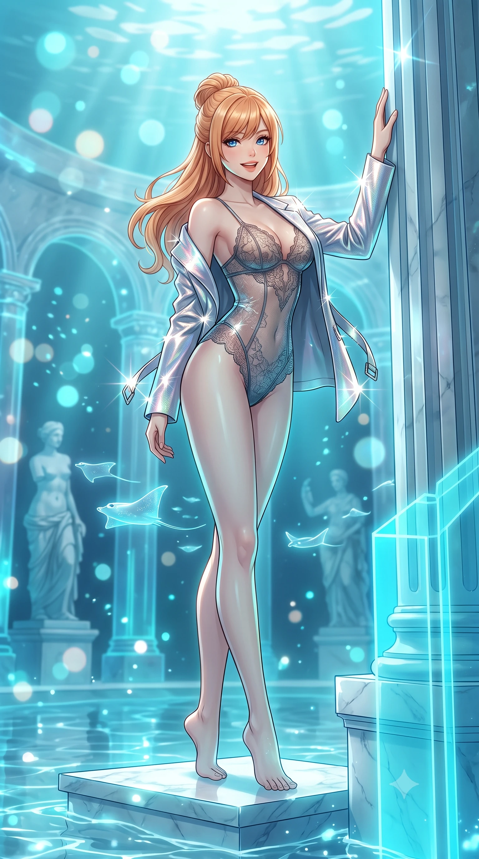 score_9, masterpiece, best quality, ultra-detailed, high-budget anime keyframe, editorial fashion photography, tasteful artistic composition, Caucasian woman. low angle full-body shot from head to toe showing her feet, filling the entire 9:16 vertical frame with her statuesque presence, stretching her vertical silhouette. standing tall beside the architectural column, one hand resting high while arching her lower back to emphasize her sculpted feminine hips and slender waist while standing poised on the submerged white marble podium reconstructed with solid cyan hard-light holograms, arching her lower back with sovereign supermodel allure. The background shows a soft-focus drifting schools of glowing cyber-manta rays, translucent holographic architectural arches, and sunken classical statues blurred into aqua, cyan, and pearl bokeh. She has an exceptionally tall and slender model-like 8.5-heads proportion, an ultra-slim waist, a flat toned midriff, narrow delicate ribcage, and beautifully sculpted feminine hips creating a graceful, slim hourglass silhouette without any bulky heaviness, with impossibly long slender legs. sharp v-shaped jawline, high-bridge nose, intricate jewel-like sparkling eyes with depth, thick eyelashes, glossy parted lips with a natural peach sheen, bright cheerful beaming smile with an enchanting and coquettish sensual glint, exuding both youthful cute charm and seductive allure, flawlessly proportioned anatomical accuracy, strict slender model proportions, natural body alignment, perfectly sculpted long slender limbs, ultra-slim waistline, clean dynamic posture without body distortion. wearing a delicate sheer French Chantilly lace teddy layered under an open tailored metallic blazer draped over bare shoulders in holographic prismatic pearl and titanium white, woven from stretch metallic lurex jersey casting radiant starlight glints across her curves, finished with sleek magnetic buckle closures fluttering in the breeze, the liquid-tight tailored fabric clinging flawlessly to her narrow waist and rounded feminine hips, emphasizing every millimeter of her sculpted slim hourglass curves without any bulky heaviness. illuminated by submerged marble reflection bounce and sharp aquamarine rim lights defining her jawline, narrow waist, and curvy hips. ultra-reflective glossy finish, specular highlights, rich textural contrasts, high-contrast stereoscopic depth, volumetric dynamic lighting, 2k, ultra detail, master piece, 9:16 ratio