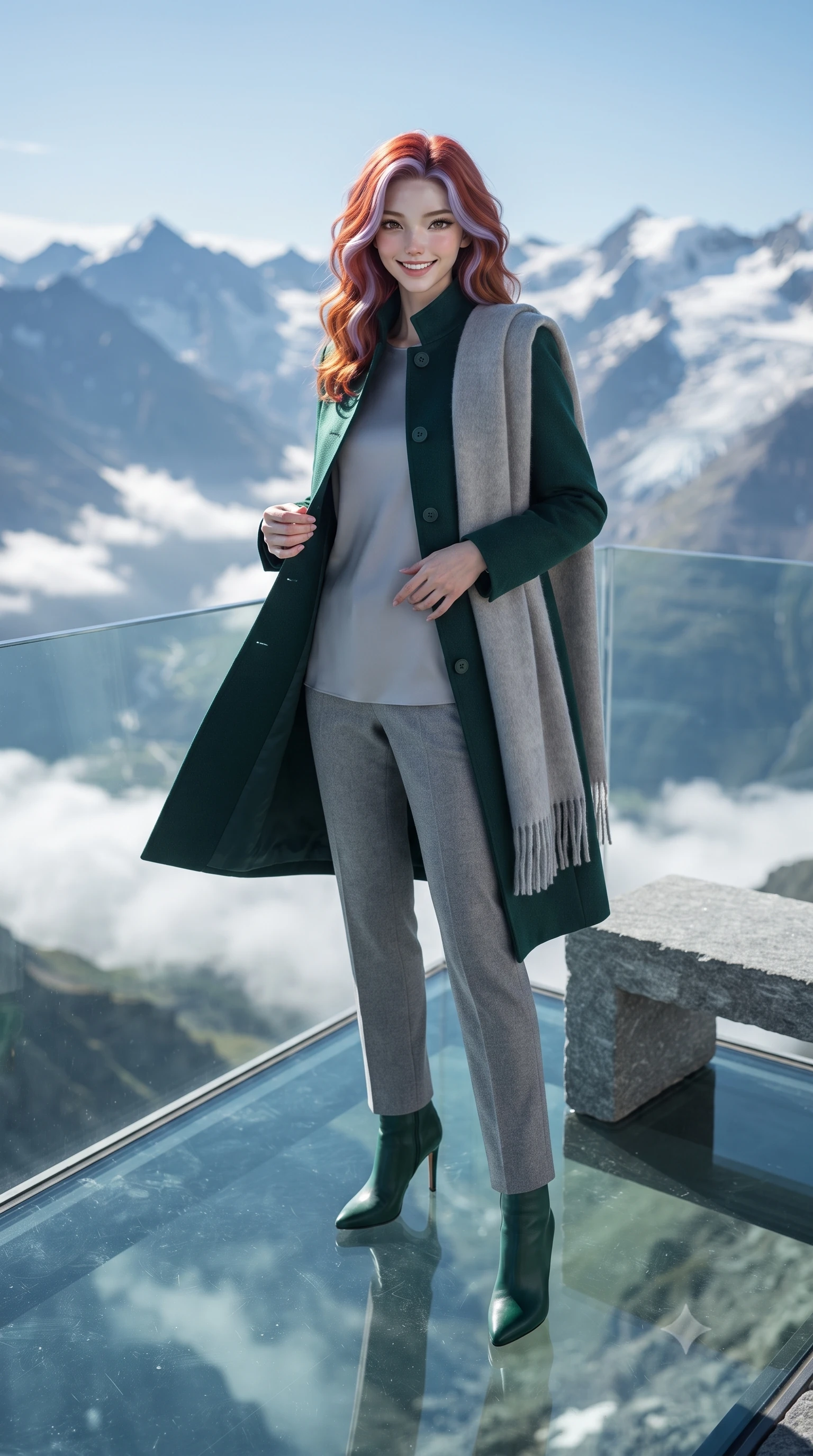 score_9, masterpiece, best quality, ultra-detailed, high-budget anime keyframe, editorial fashion photography, tasteful artistic composition, Caucasian woman. low angle full-body shot from head to toe showing her feet, filling the entire 9:16 vertical frame with her statuesque presence, stretching her vertical silhouette. sitting gracefully on the carved stone bench with legs crossed at the ankles, hands resting gently in her lap with noble poise while standing poised on the heated glass cantilevered viewing deck jutting over the alpine valley, opening her coat slightly with a breathtaking smile. The background shows a soft-focus endless jagged peaks of the Bernina mountain range, swirling cloud inversions in the valley below, and dazzling sunlit glaciers blurred into sapphire, stark white, and platinum bokeh. She has an exceptionally tall and slender model-like 8.5-heads proportion, an ultra-slim waist, a flat toned midriff, narrow delicate ribcage, and beautifully sculpted feminine hips creating a graceful, slim hourglass silhouette without any bulky heaviness, with impossibly long slender legs. sharp v-shaped jawline, high-bridge nose, intricate jewel-like sparkling eyes with depth, thick eyelashes, glossy parted lips with a natural peach sheen, bright cheerful beaming smile with an enchanting and coquettish sensual glint, exuding both youthful cute charm and seductive allure, flawlessly proportioned anatomical accuracy, strict slender model proportions, natural body alignment, perfectly sculpted long slender limbs, ultra-slim waistline, clean dynamic posture without body distortion. wearing a stand-collar tailored linen-silk coat layered over a minimalist silk tunic and straight-leg pressed trousers in St. Moritz pine forest emerald and heather grey, crafted from ultra-soft Mongolian cashmere with exquisite insulating warmth and tactile softness, accented with a wide brushed cashmere fringe scarf draped elegantly over one shoulder, the streamlined silhouette following her natural slender proportions with sophisticated poise, enhancing her tall willowy presence. bathed in intense, crystal-clear high-altitude alpine sunlight and brilliant 360-degree snow albedo bounce. ultra-reflective glossy finish, specular highlights, rich textural contrasts, high-contrast stereoscopic depth, volumetric dynamic lighting, 2k, ultra detail, master piece, 9:16 ratio